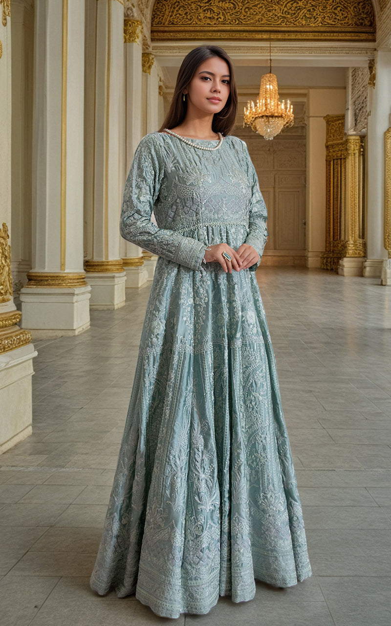 Pale Aqua Embroidered Chamois Anarkali Dress (1-Pc) - Image 1