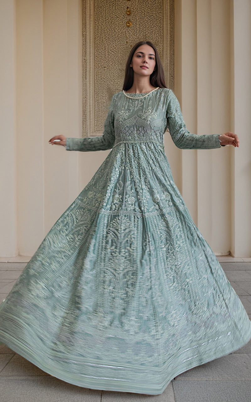 Pale Aqua Embroidered Chamois Anarkali Dress (1-Pc) - Image 2