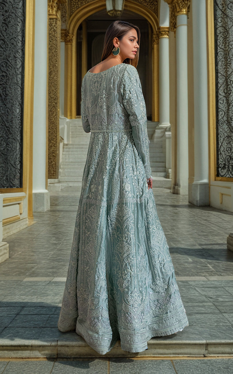Pale Aqua Embroidered Chamois Anarkali Dress (1-Pc) - Image 3