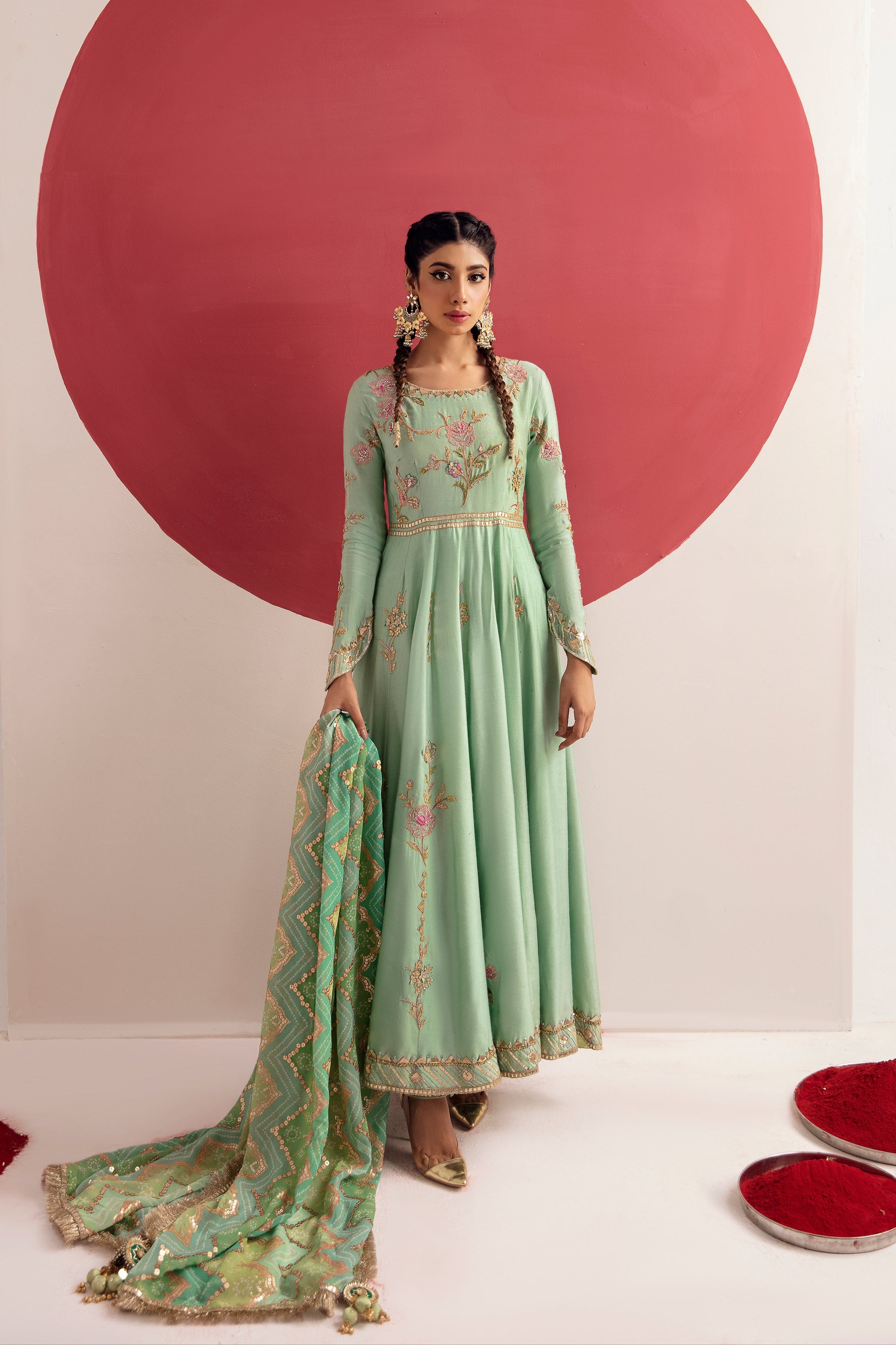Dusty Aqua Zardozi Cotton Silk Anarkali (3-Piece) - Image 1