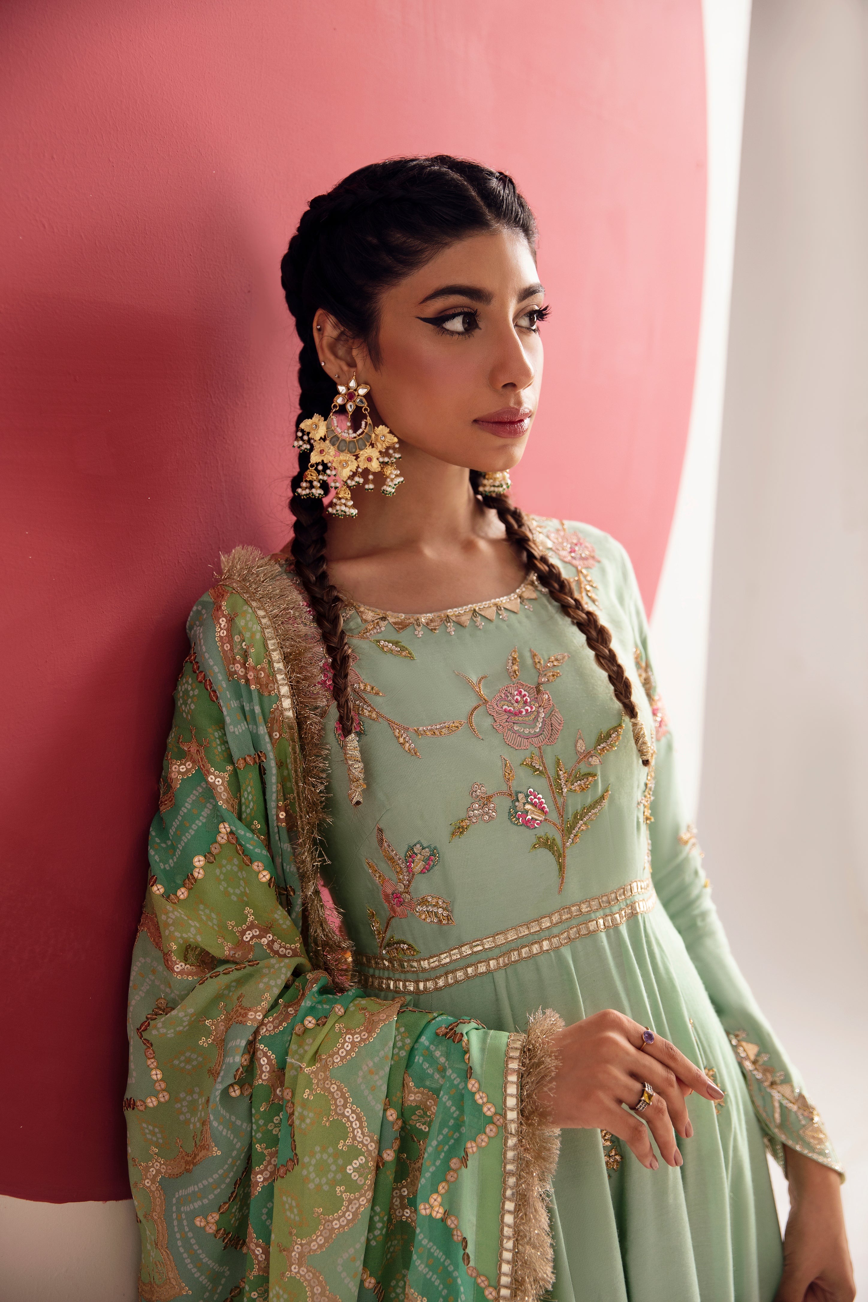 Dusty Aqua Zardozi Cotton Silk Anarkali (3-Piece) - Image 3