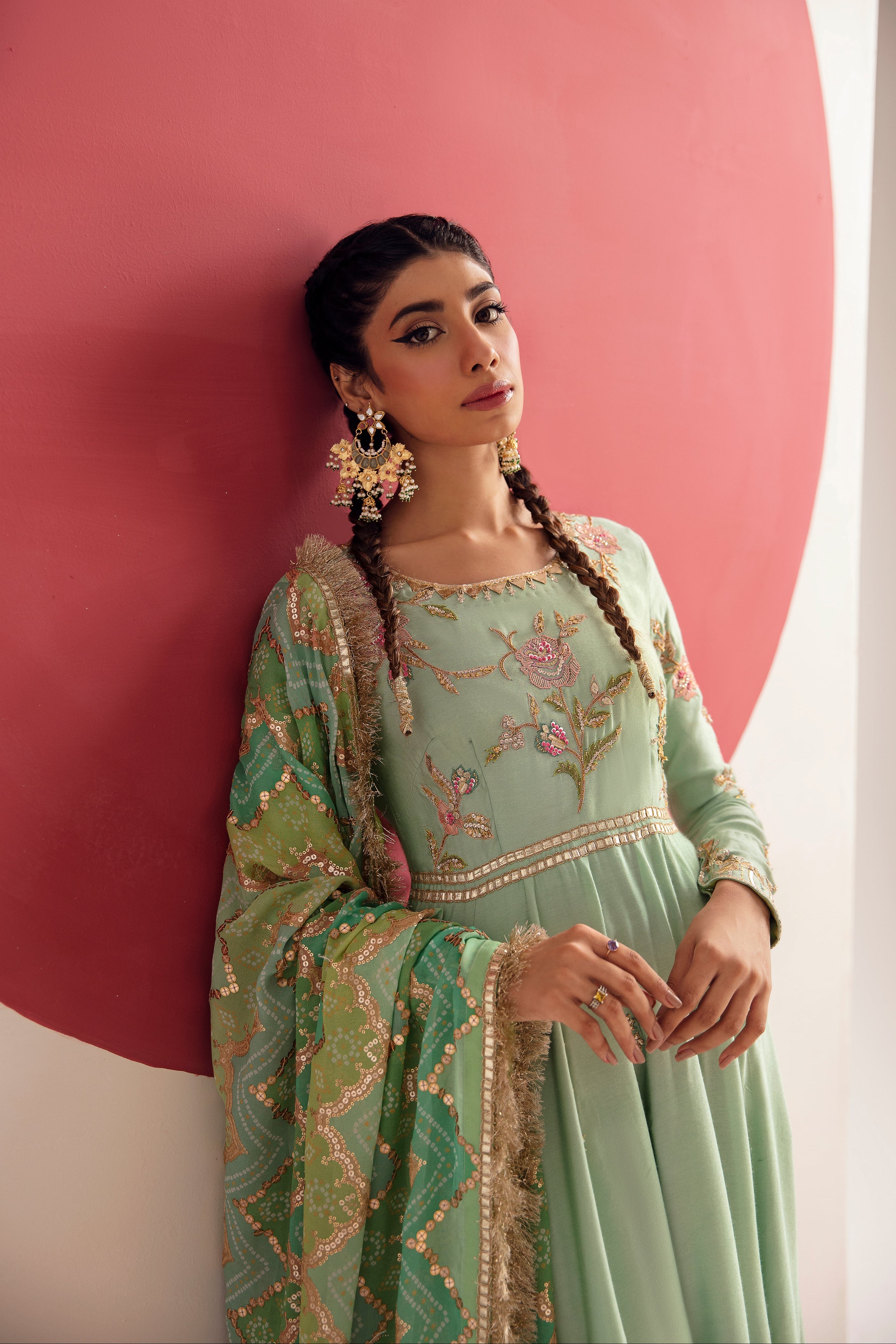 Dusty Aqua Zardozi Cotton Silk Anarkali (3-Piece) - Image 4