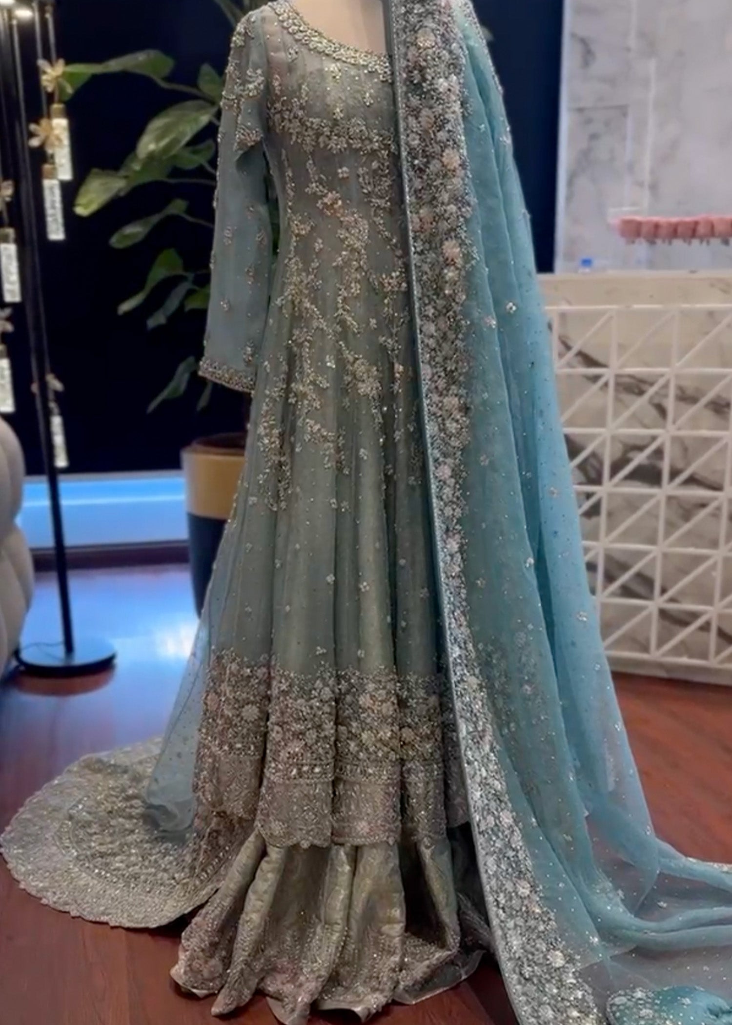 Pakistani Dusty Aqua Hand-Embellished Net Anarkali Gown (2-Piece) - Image 1