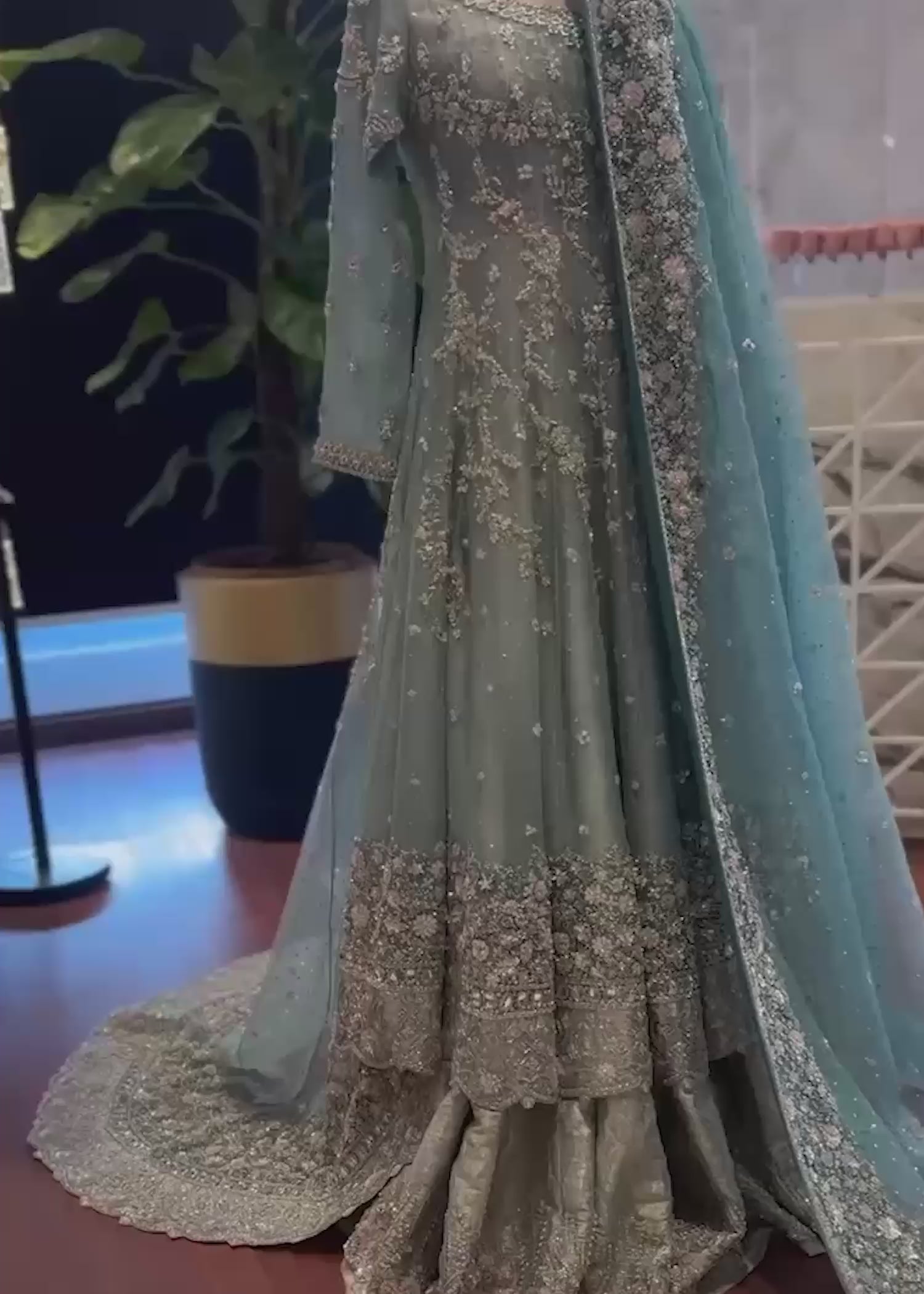 Pakistani Dusty Aqua Hand-Embellished Net Anarkali Gown (2-Piece) - Image 2