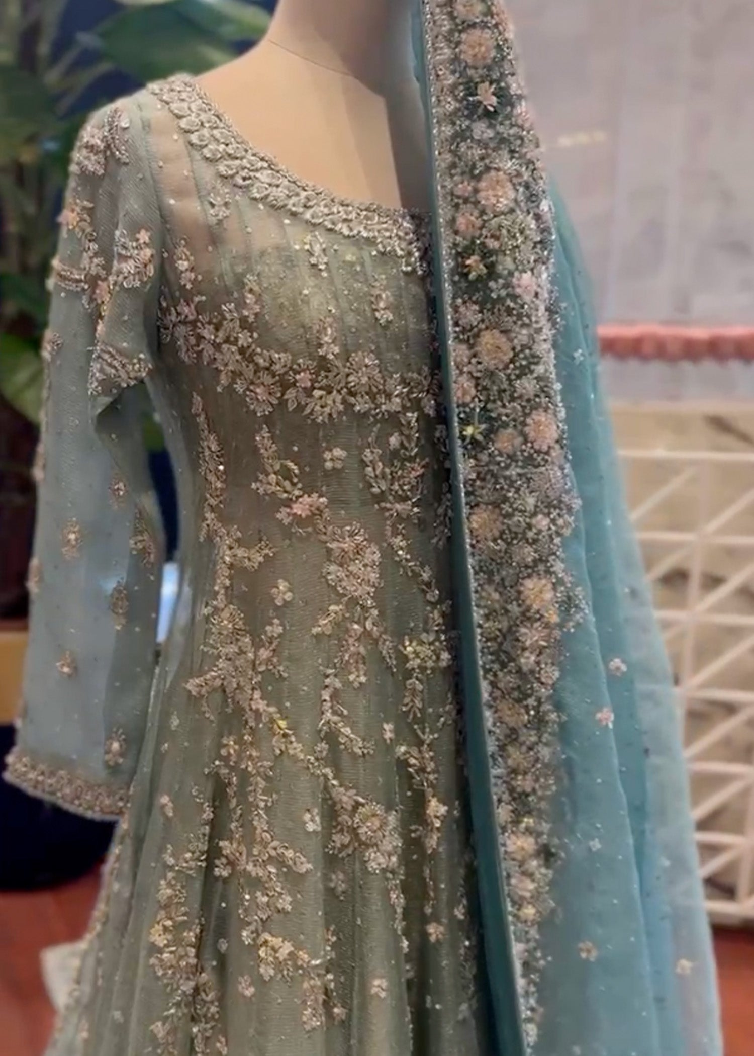 Pakistani Dusty Aqua Hand-Embellished Net Anarkali Gown (2-Piece) - Image 3