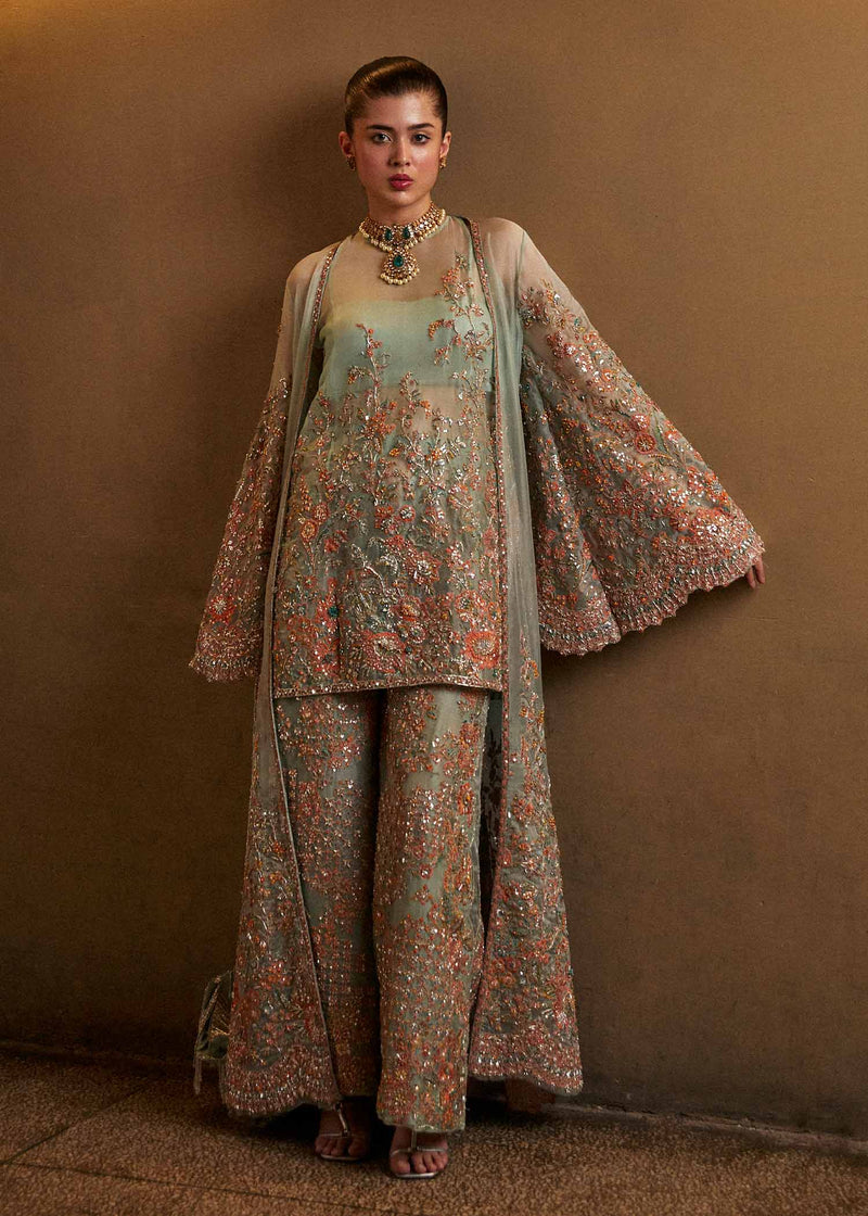 Indian Mint Aqua Embroidered Organza Cape Set (3-Piece) - Image 1