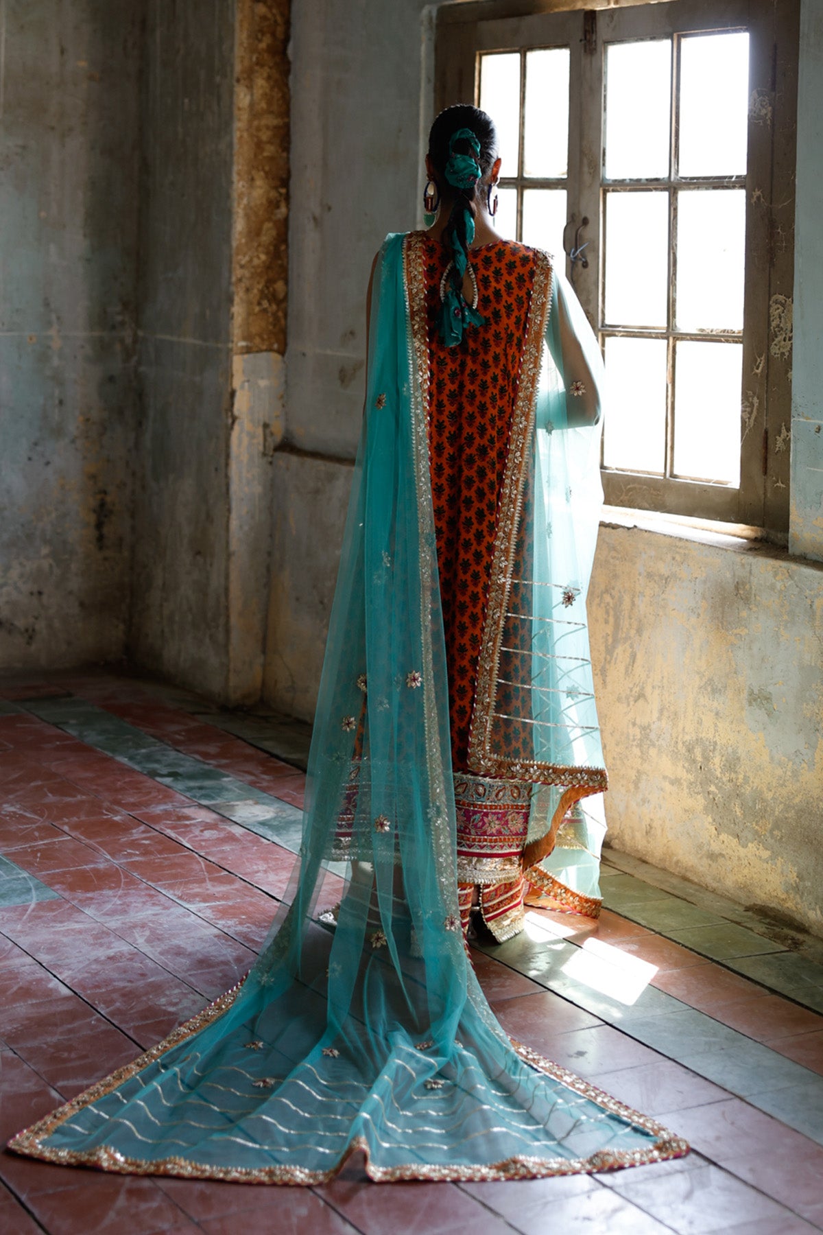 Pakistani Aqua Gota & Floral Embroidered Net Dupatta (1-Pc) - Image 1