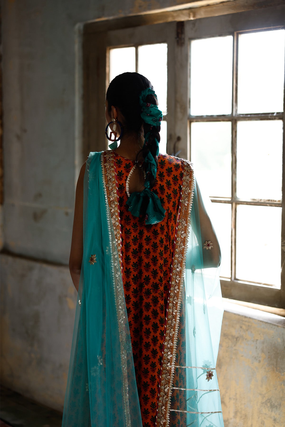 Pakistani Aqua Gota & Floral Embroidered Net Dupatta (1-Pc) - Image 2