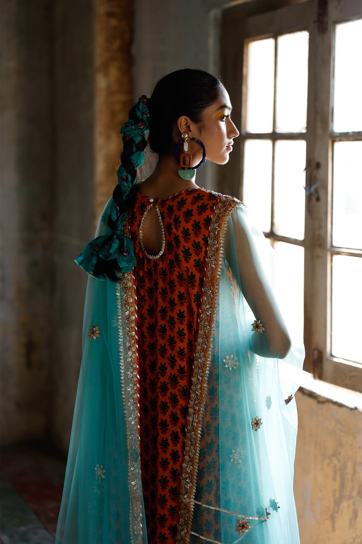 Pakistani Aqua Gota & Floral Embroidered Net Dupatta (1-Pc) - Image 3