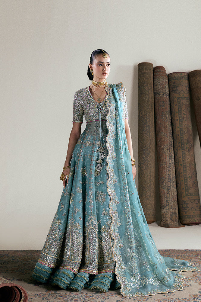 Aqua Embroidered Organza Pishwas and Lehenga (3-Piece) - Image 2