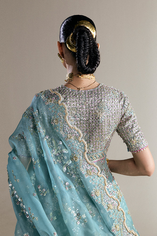 Aqua Embroidered Organza Pishwas and Lehenga (3-Piece) - Image 3