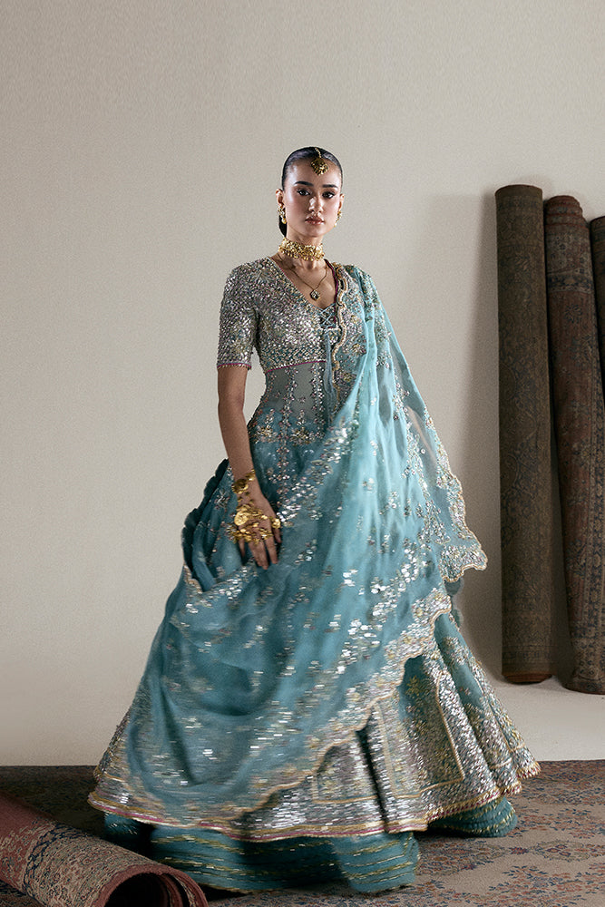 Aqua Embroidered Organza Pishwas and Lehenga (3-Piece) - Image 4