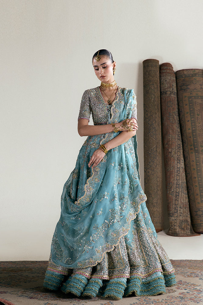 Aqua Embroidered Organza Pishwas and Lehenga (3-Piece) - Image 5