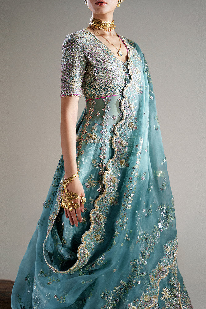 Aqua Embroidered Organza Pishwas and Lehenga (3-Piece) - Image 6