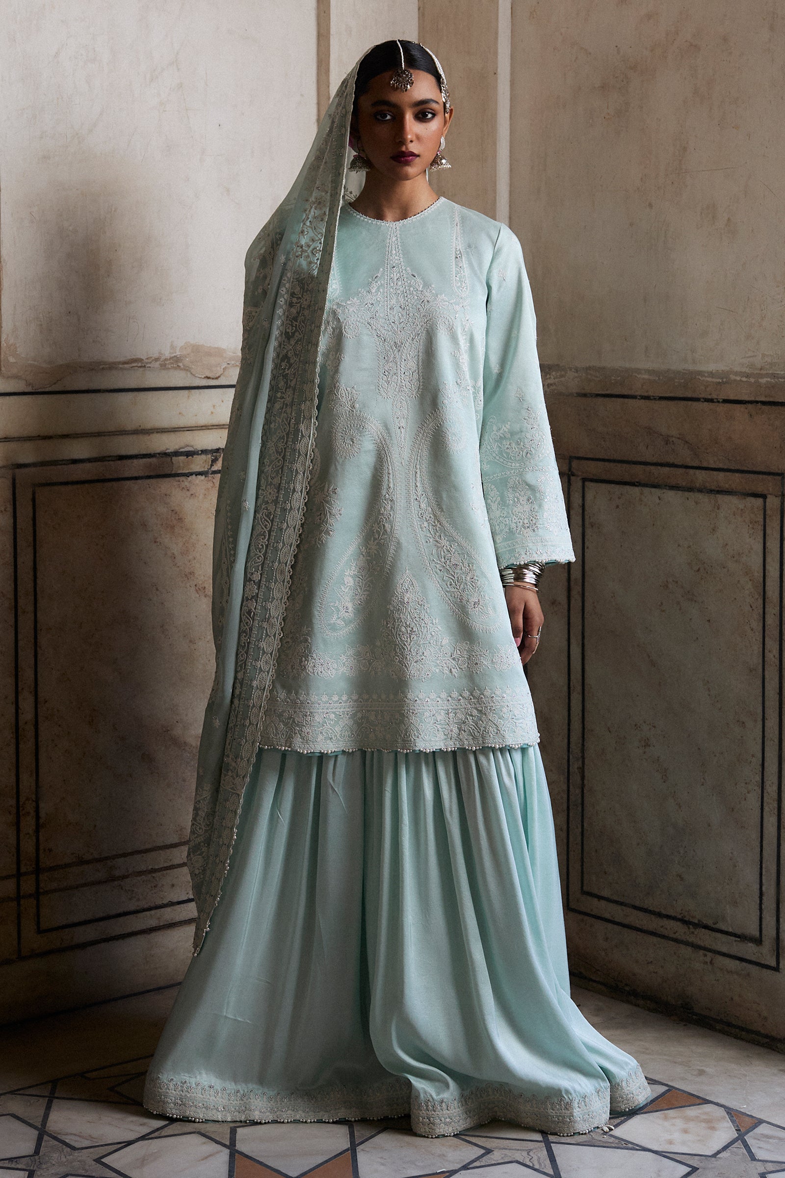 Pale Aqua Chikankari Raw Silk Gharara (3-Piece) - Image 1