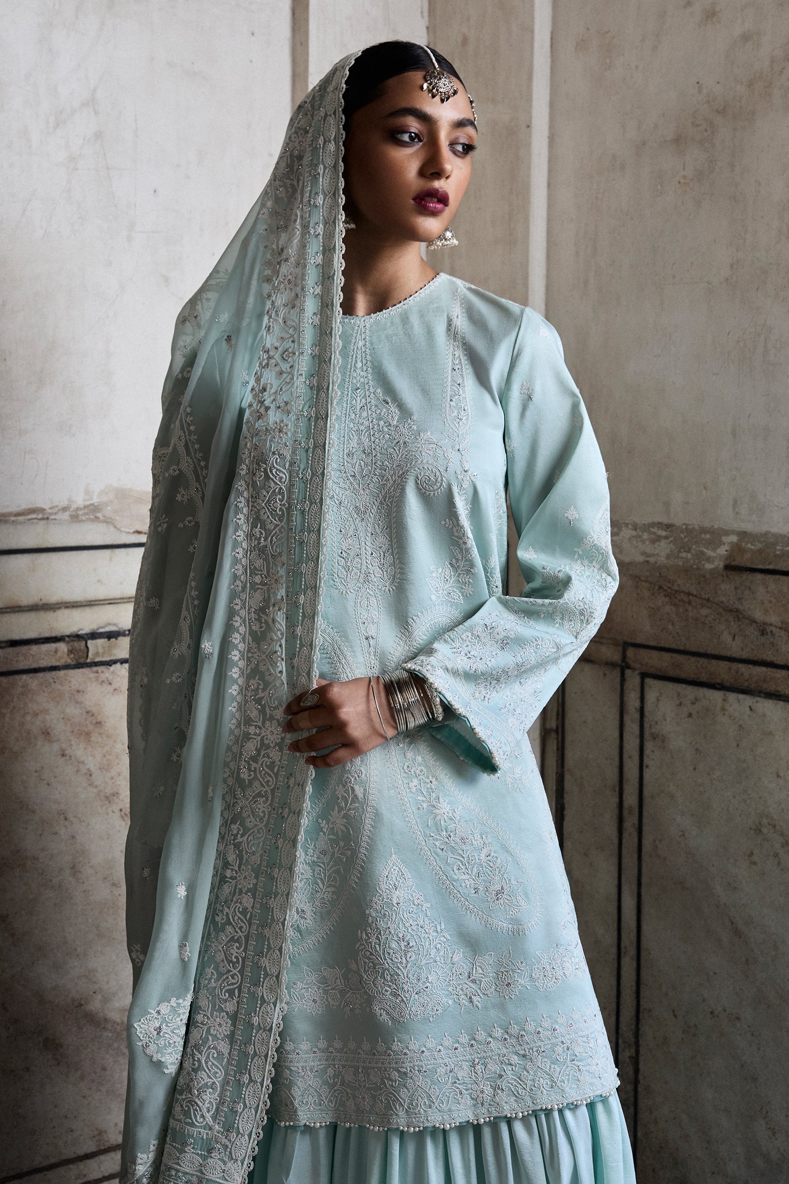 Pale Aqua Chikankari Raw Silk Gharara (3-Piece) - Image 2