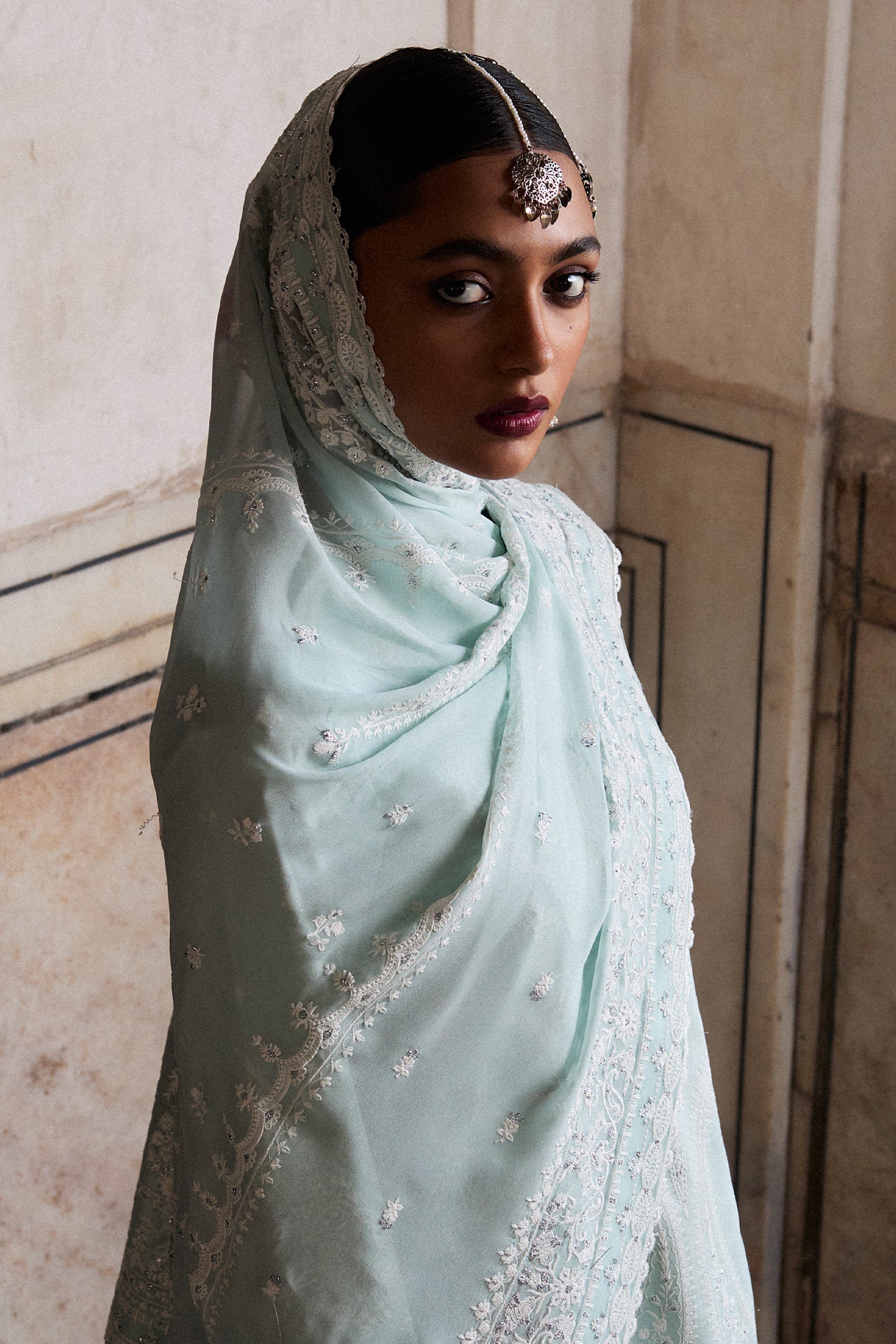 Pale Aqua Chikankari Raw Silk Gharara (3-Piece) - Image 3