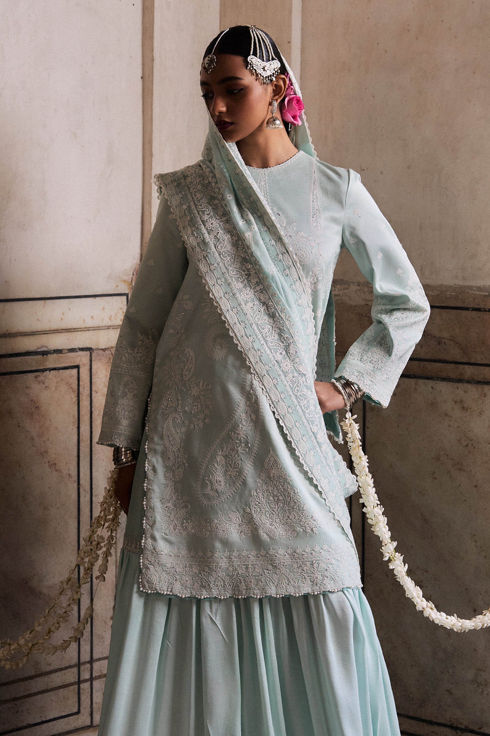 Pale Aqua Chikankari Raw Silk Gharara (3-Piece) - Image 4