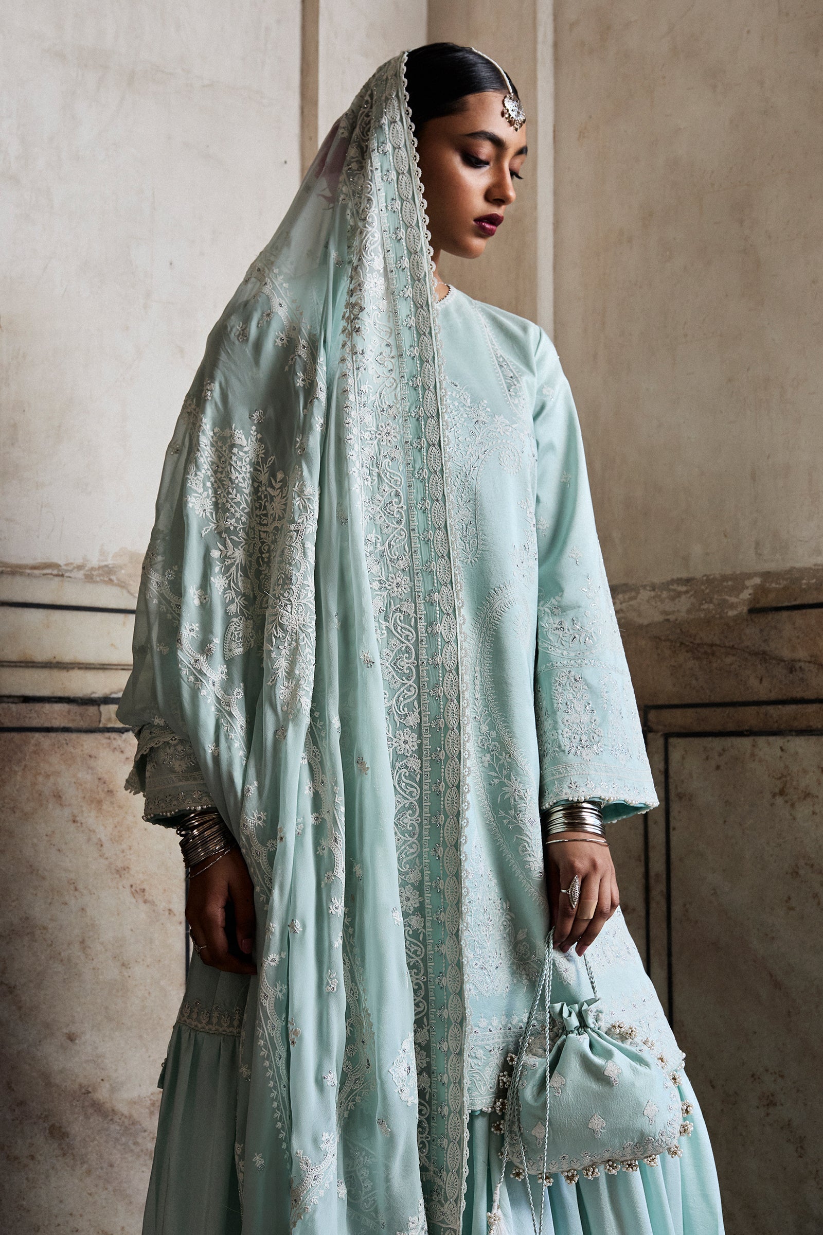 Pale Aqua Chikankari Raw Silk Gharara (3-Piece) - Image 5