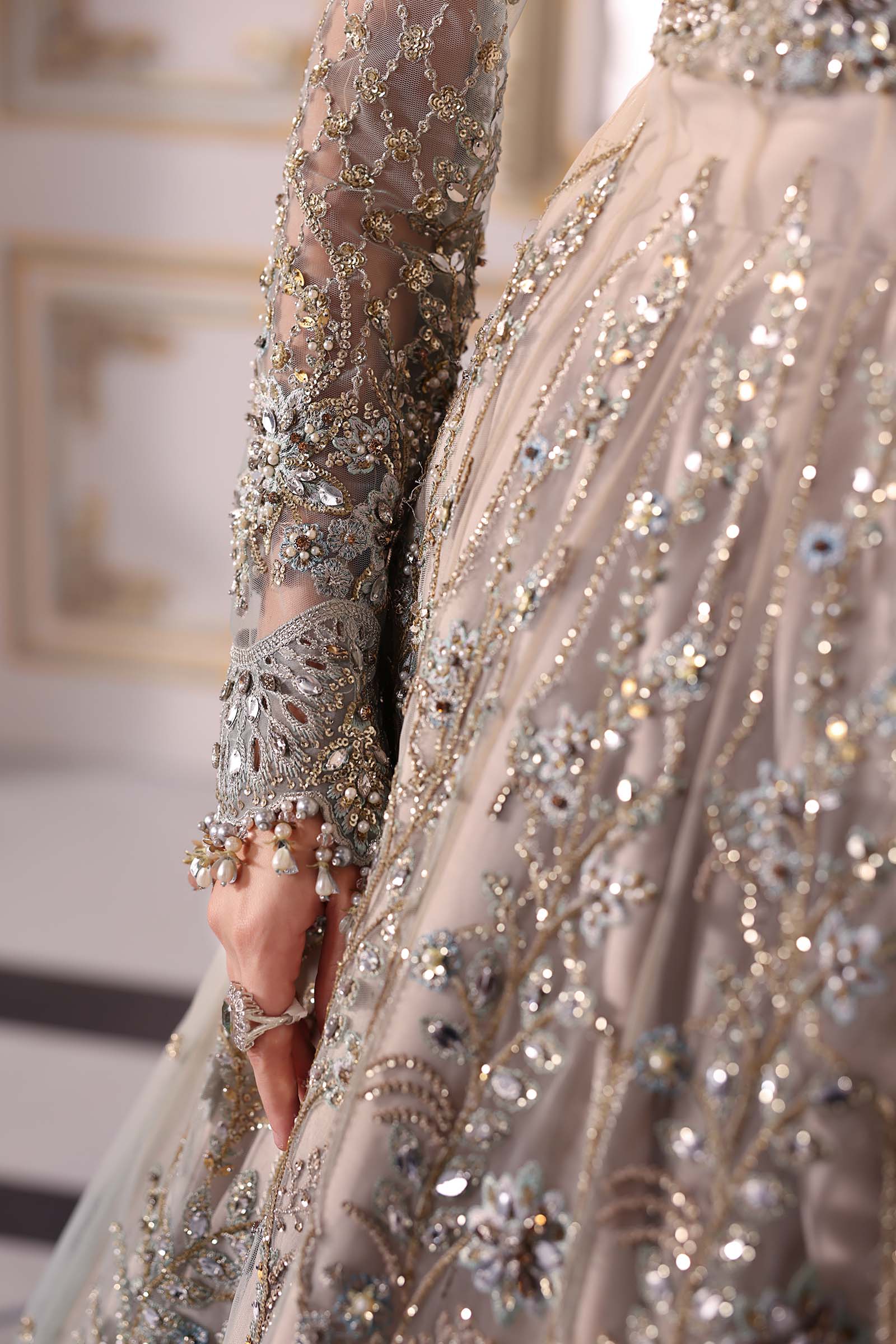 Coffee to Aqua Embroidered Net Formal Gown (2-Piece) - Image 11