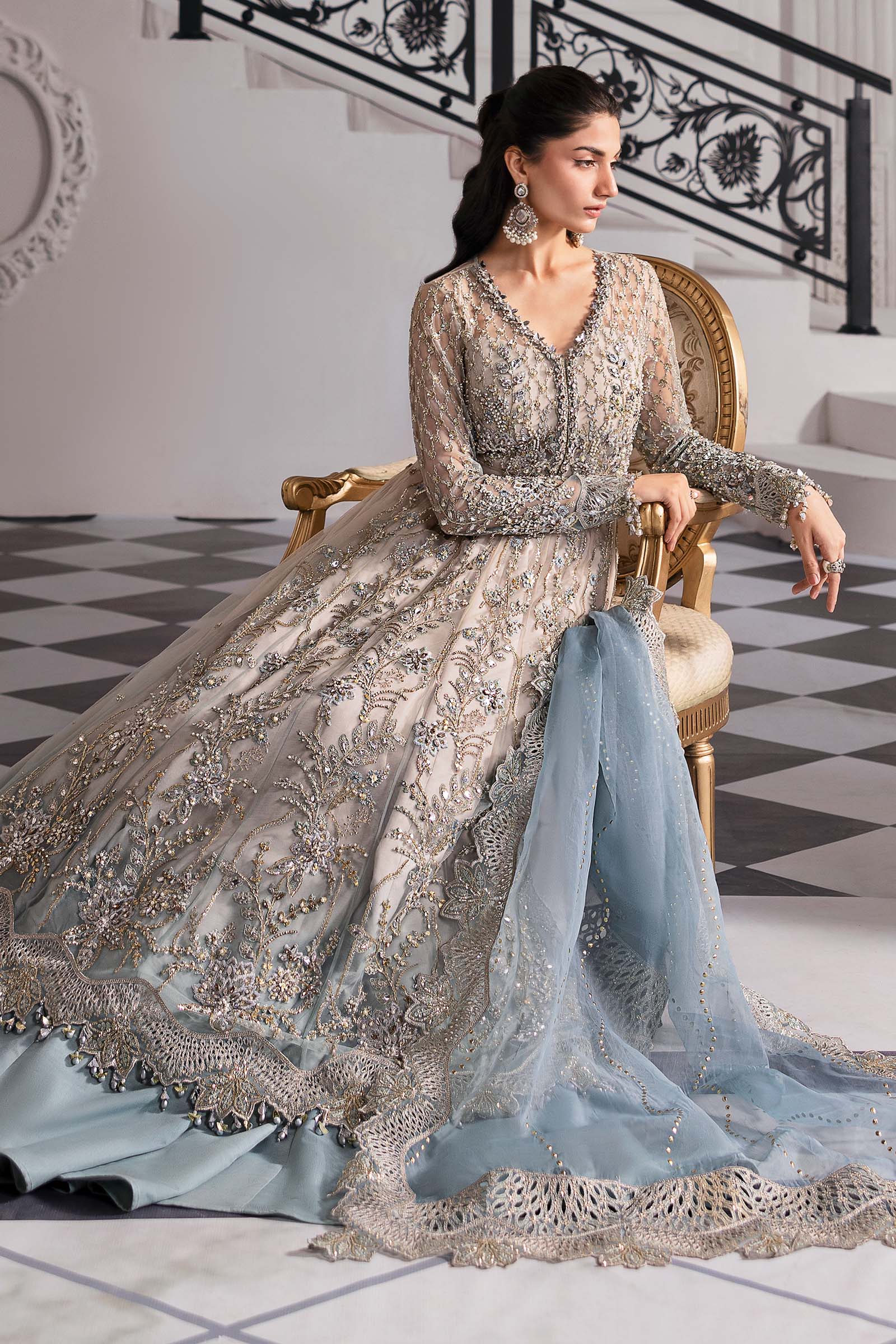 Coffee to Aqua Embroidered Net Formal Gown (2-Piece) - Image 14