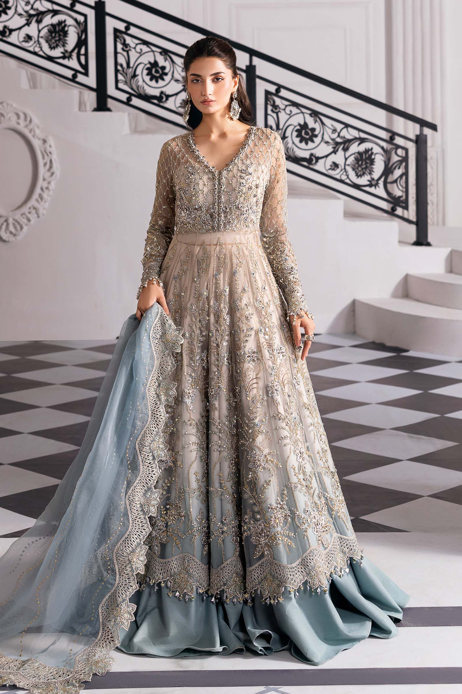 Coffee to Aqua Embroidered Net Formal Gown (2-Piece) - Image 4