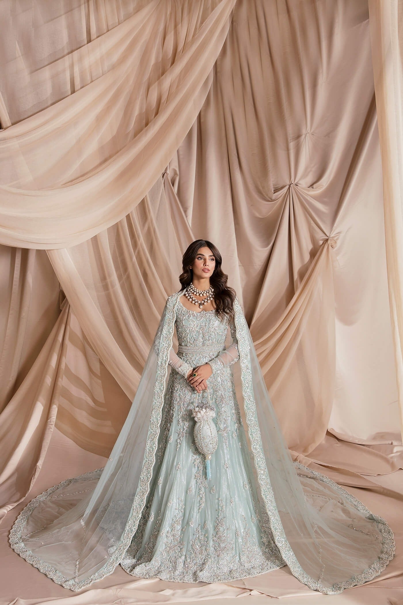 Aqua Zardozi Pure Net Bridal Gown (2-Piece) - Image 1