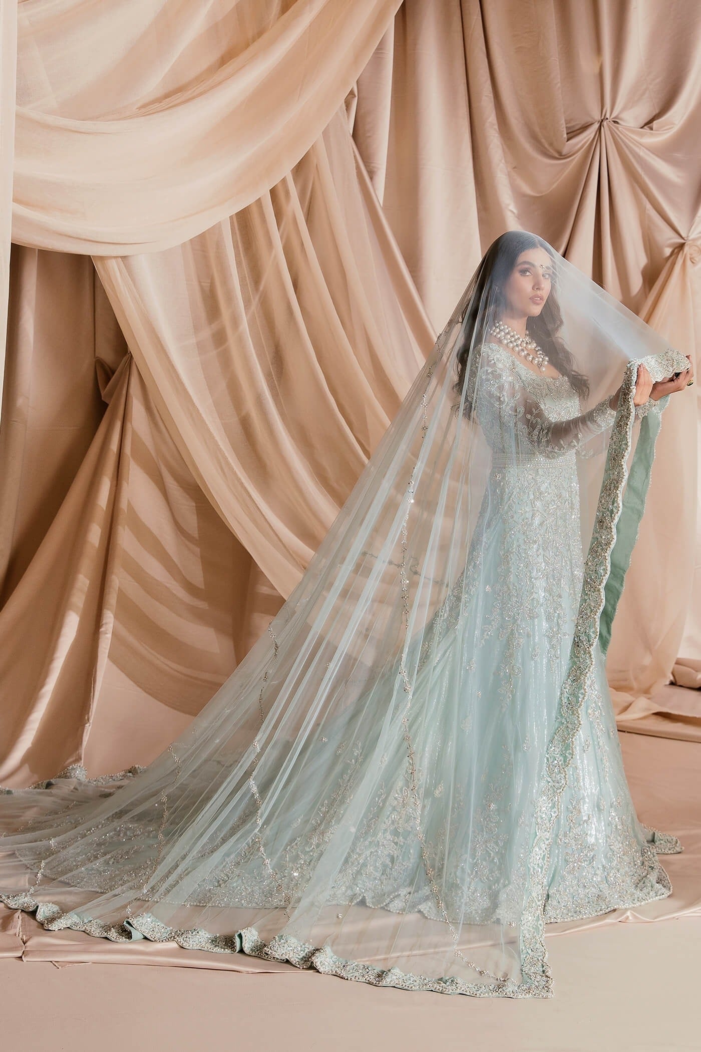 Aqua Zardozi Pure Net Bridal Gown (2-Piece) - Image 3