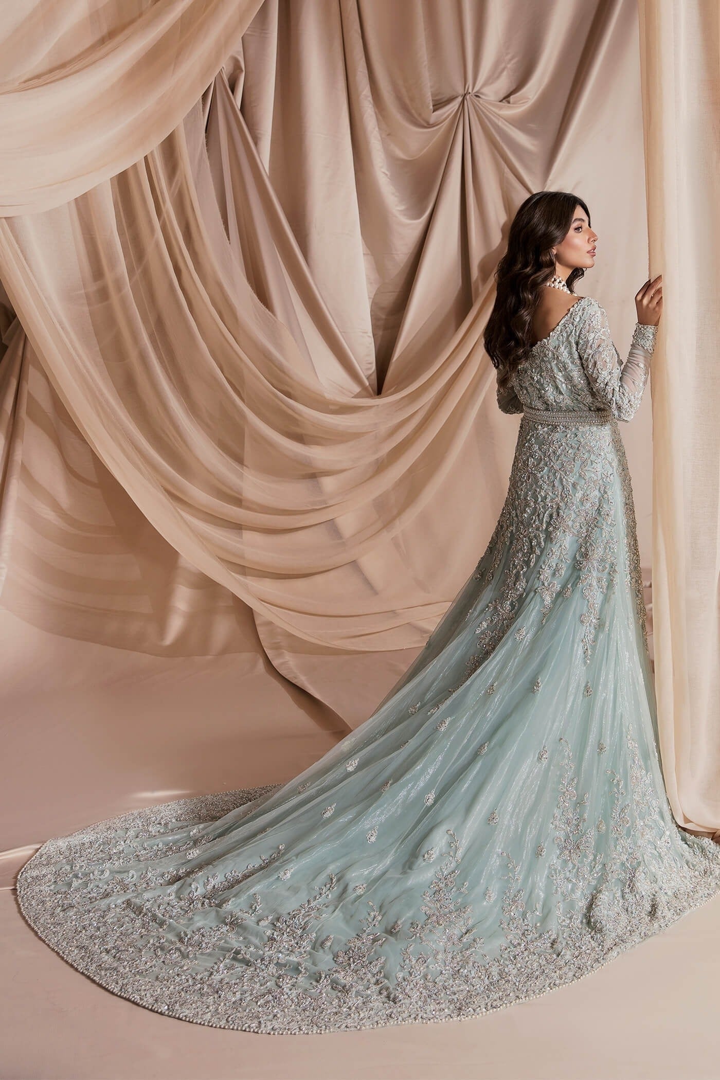 Aqua Zardozi Pure Net Bridal Gown (2-Piece) - Image 4