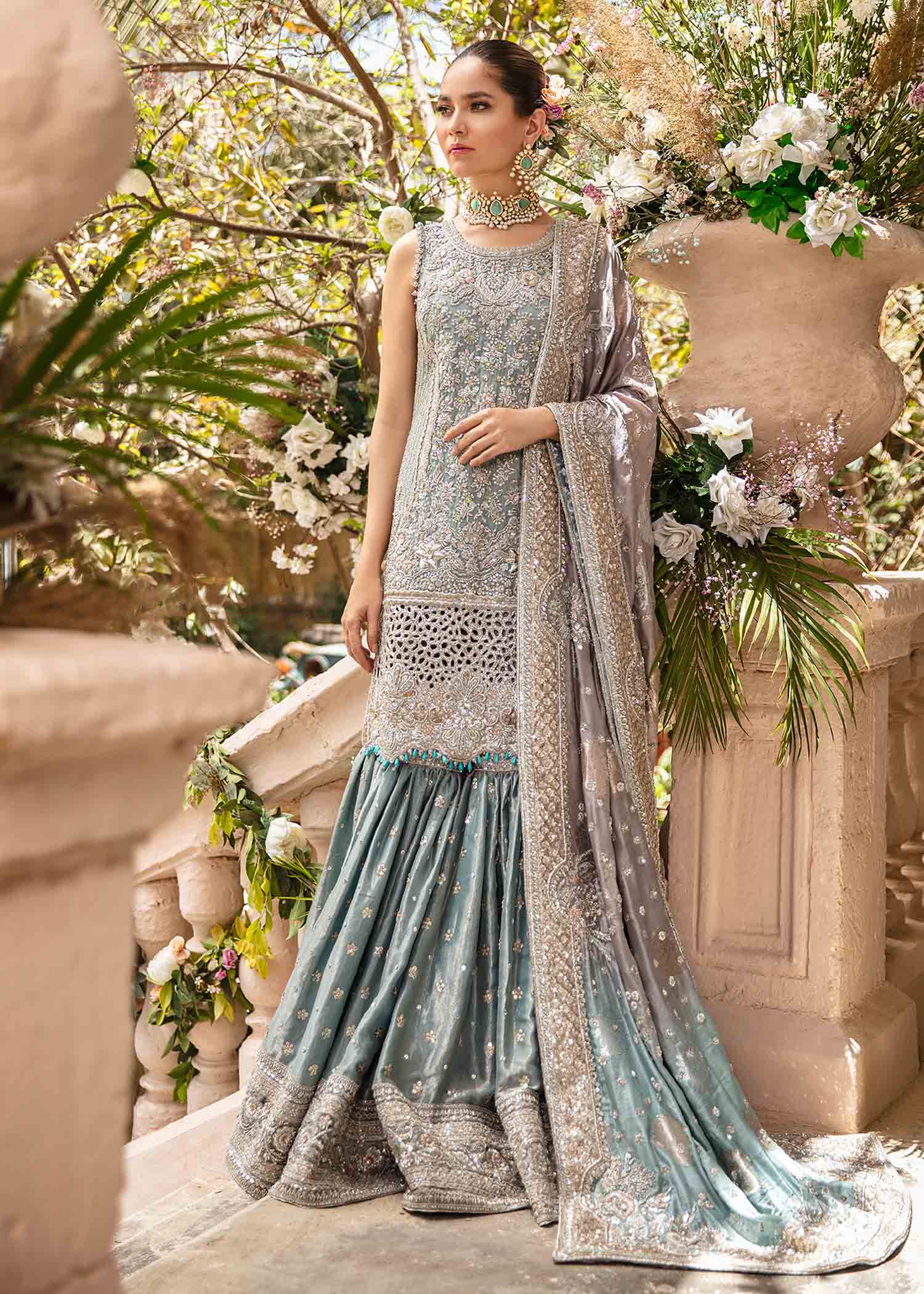 Pakistani Dusty Aqua Silver Embroidered Silk Gown (2-Piece) - Image 1