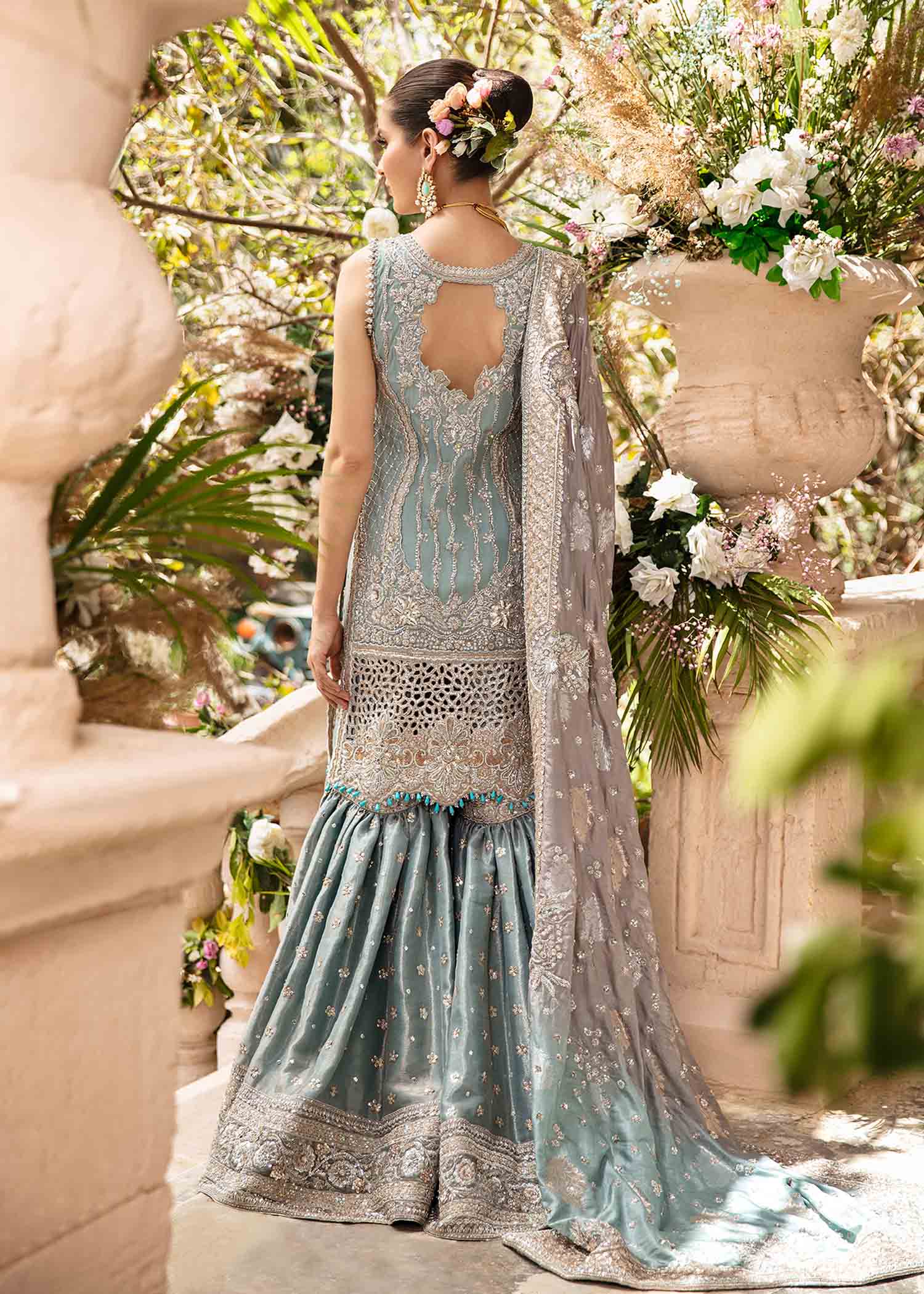 Pakistani Dusty Aqua Silver Embroidered Silk Gown (2-Piece) - Image 2