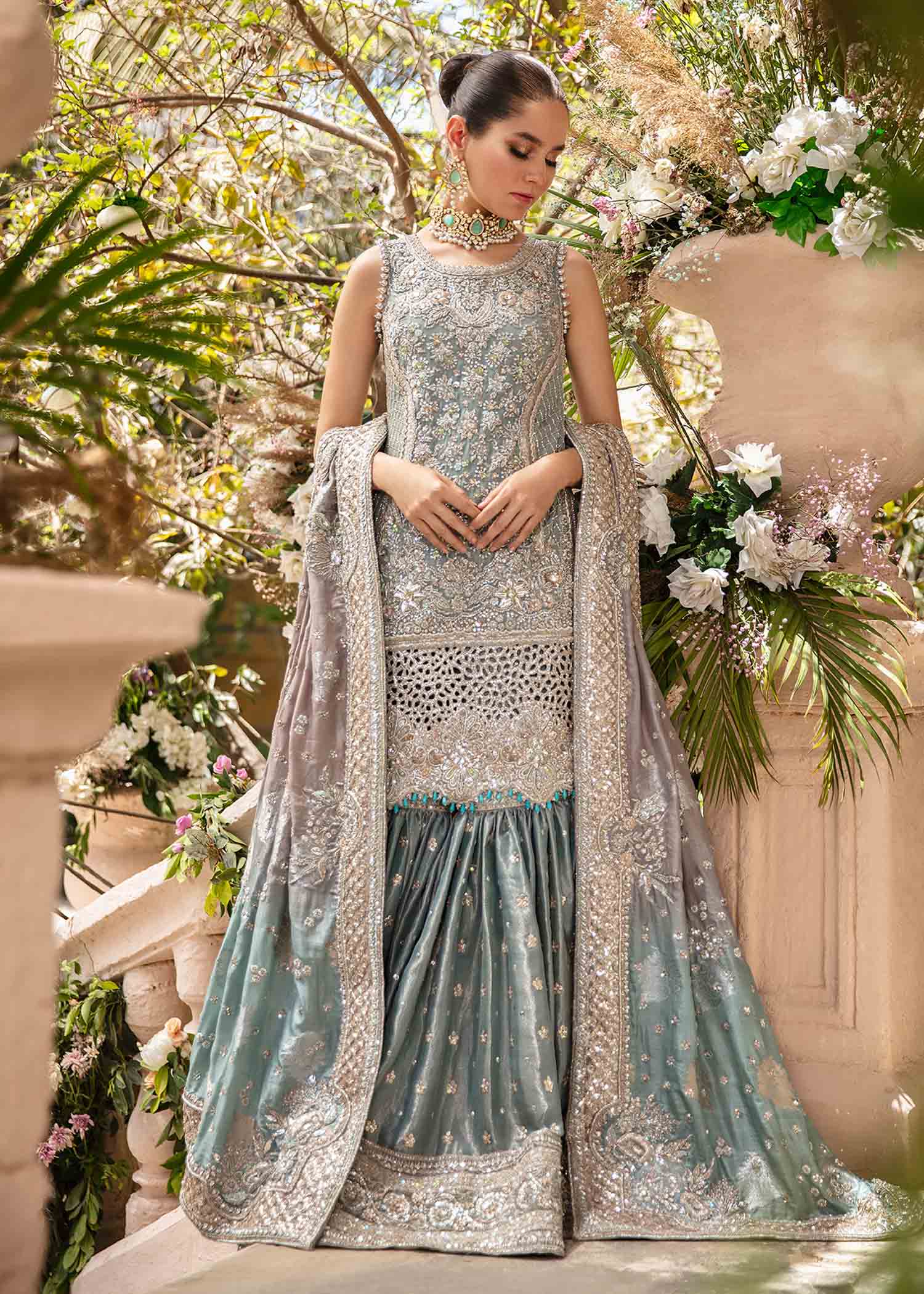 Pakistani Dusty Aqua Silver Embroidered Silk Gown (2-Piece) - Image 3