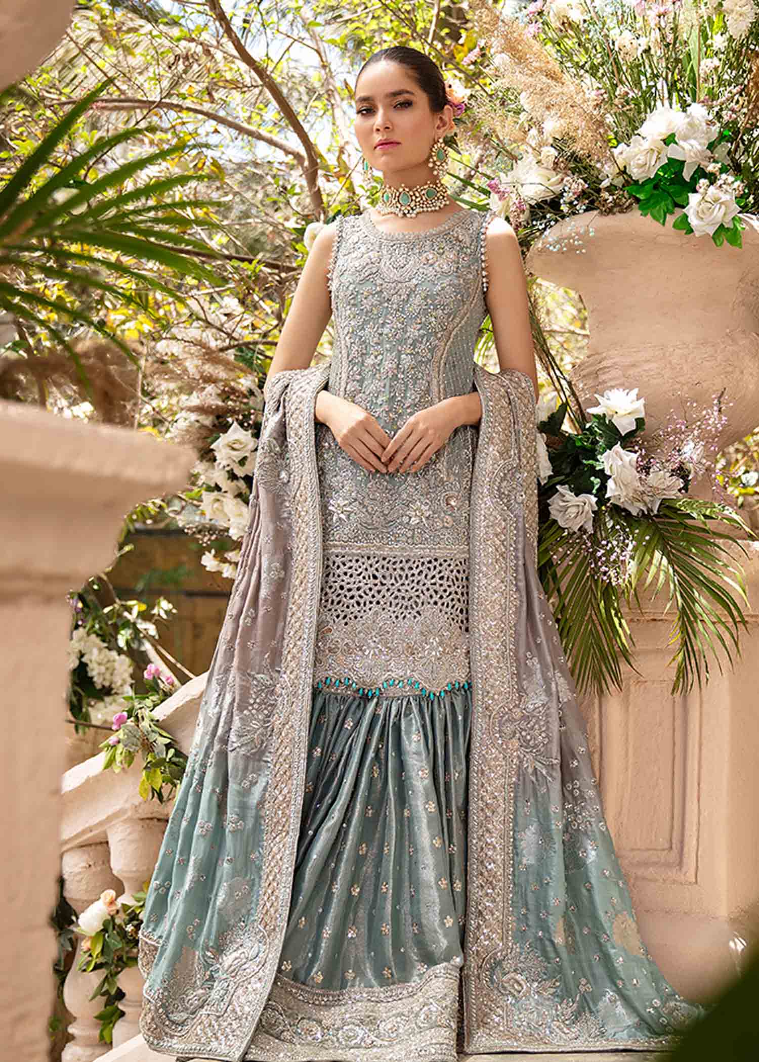 Pakistani Dusty Aqua Silver Embroidered Silk Gown (2-Piece) - Image 4