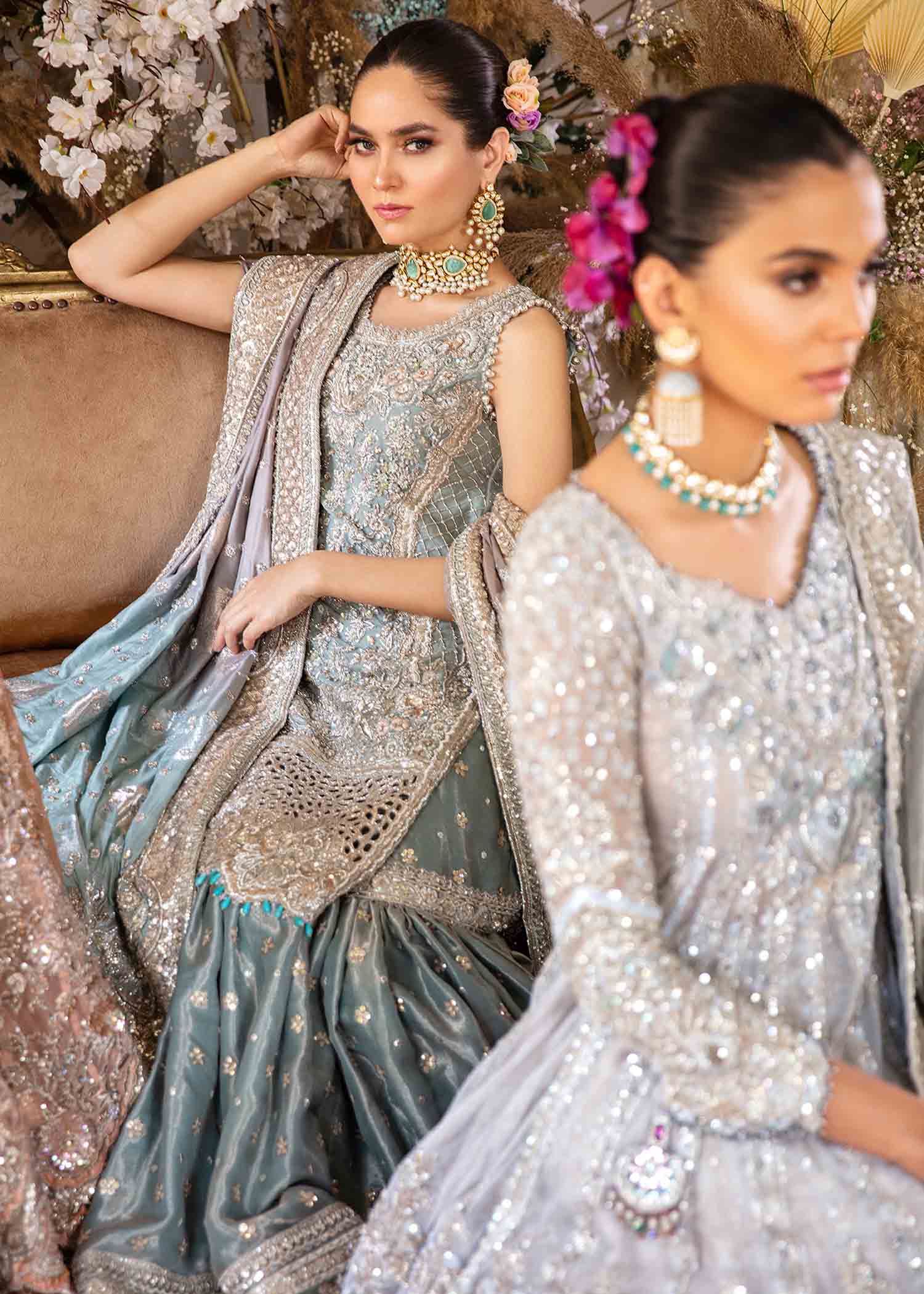 Pakistani Dusty Aqua Silver Embroidered Silk Gown (2-Piece) - Image 6