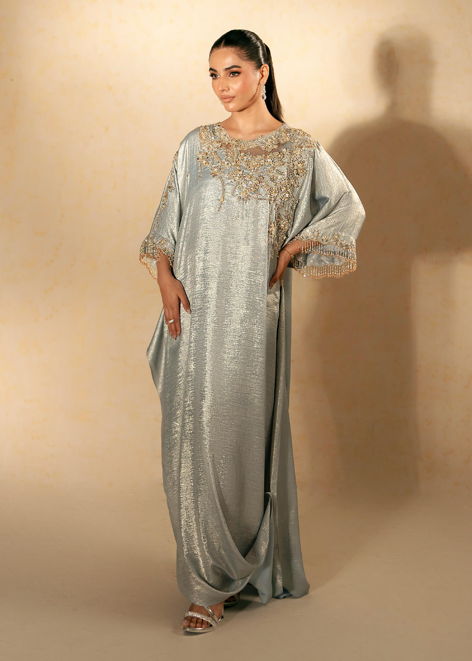 Aqua Embellished Shimmer Silk Kaftan (2-Piece) - Image 1