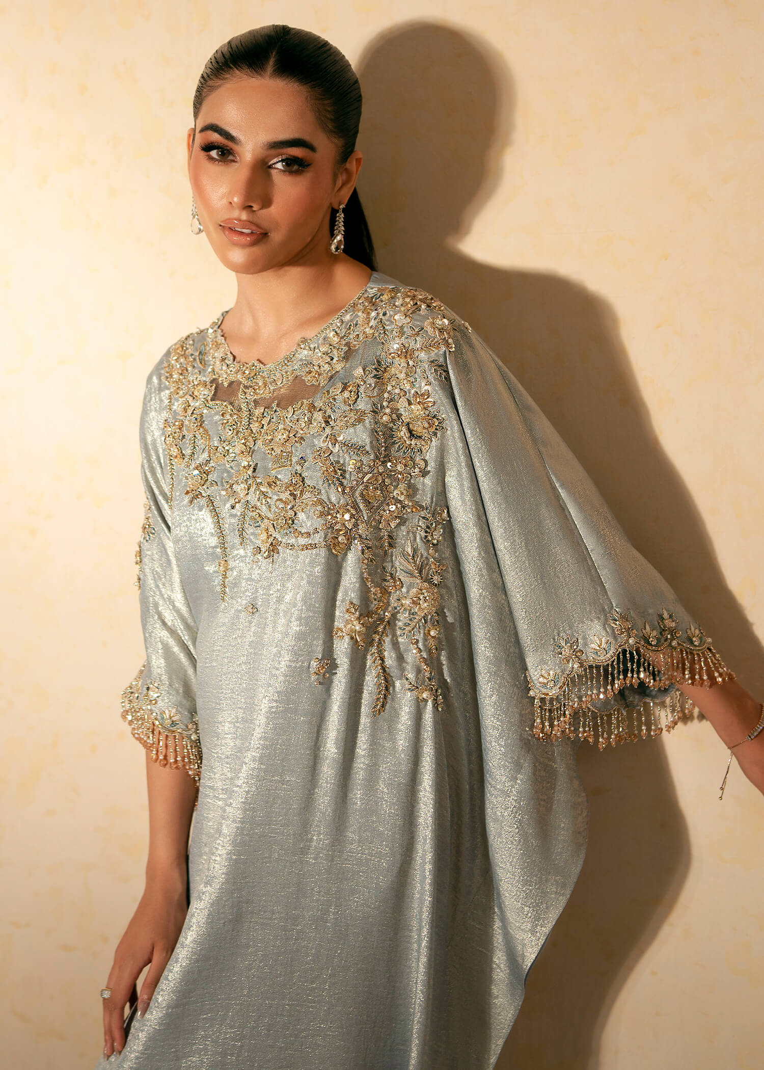 Aqua Embellished Shimmer Silk Kaftan (2-Piece) - Image 2