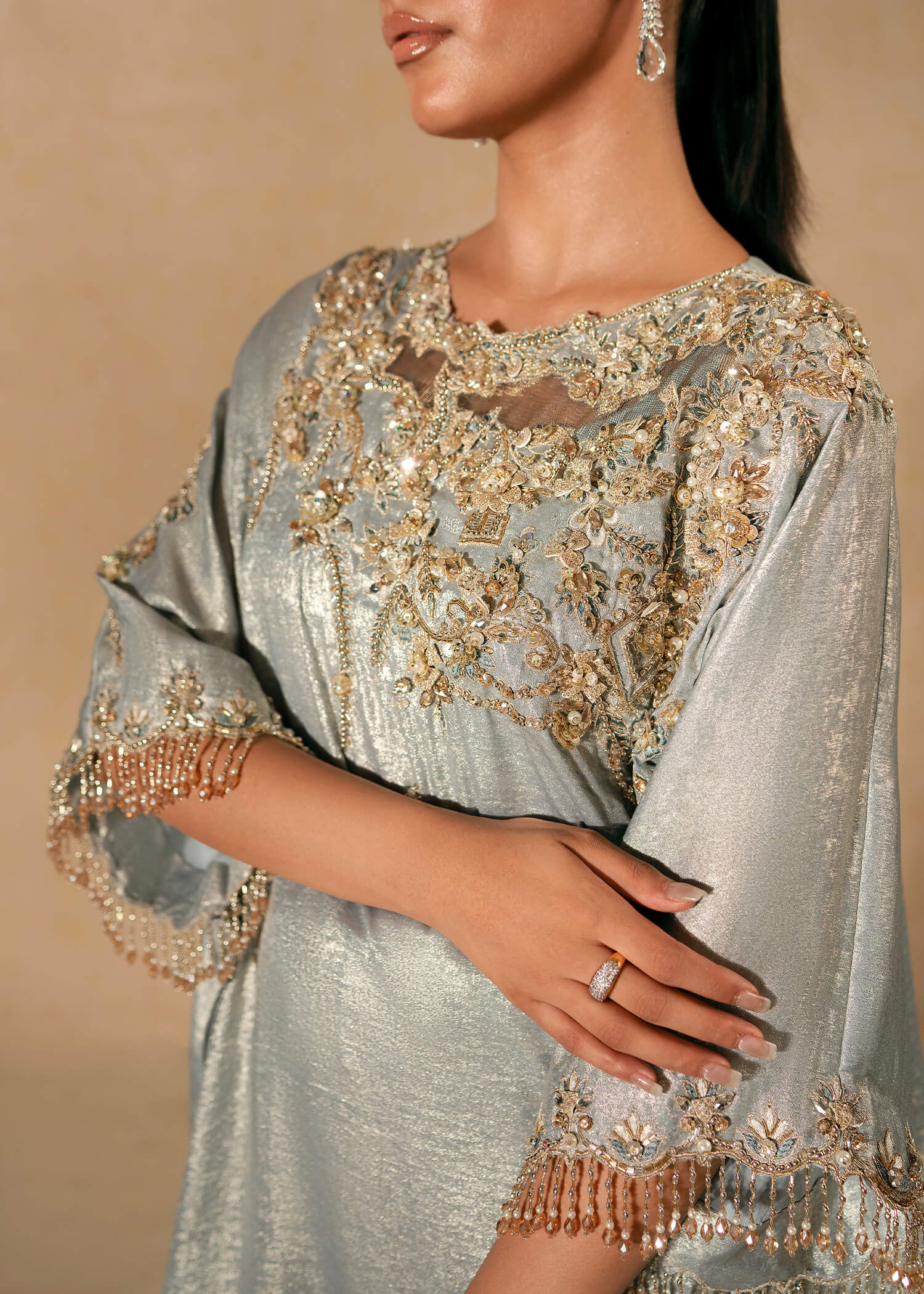 Aqua Embellished Shimmer Silk Kaftan (2-Piece) - Image 3