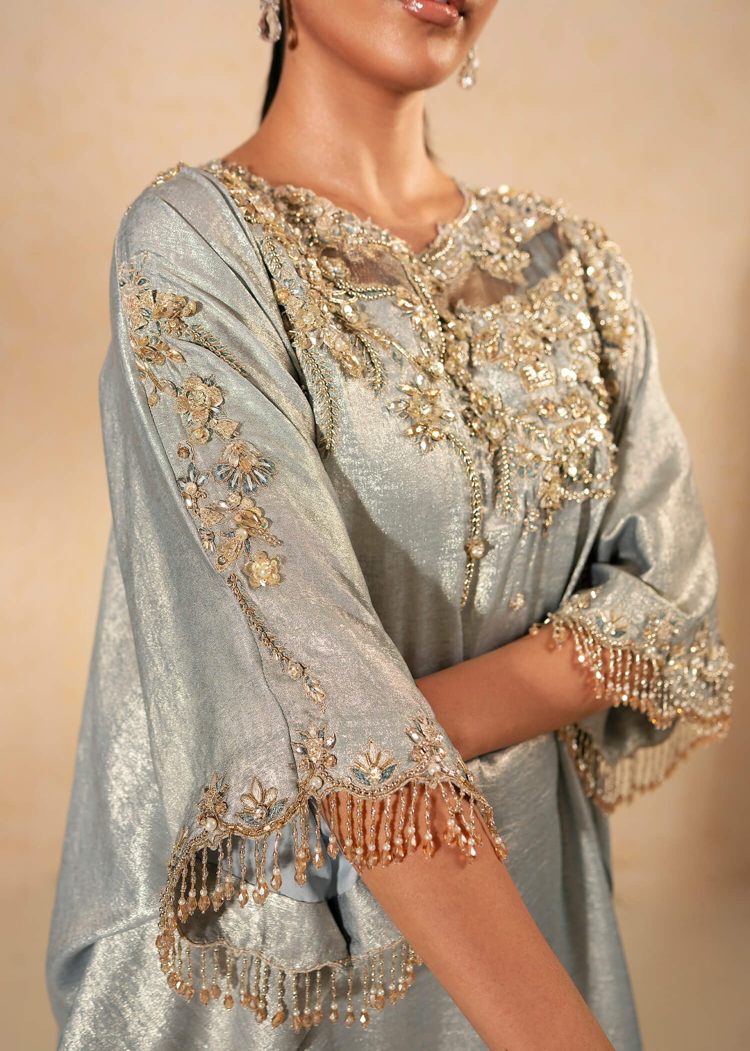 Aqua Embellished Shimmer Silk Kaftan (2-Piece) - Image 4