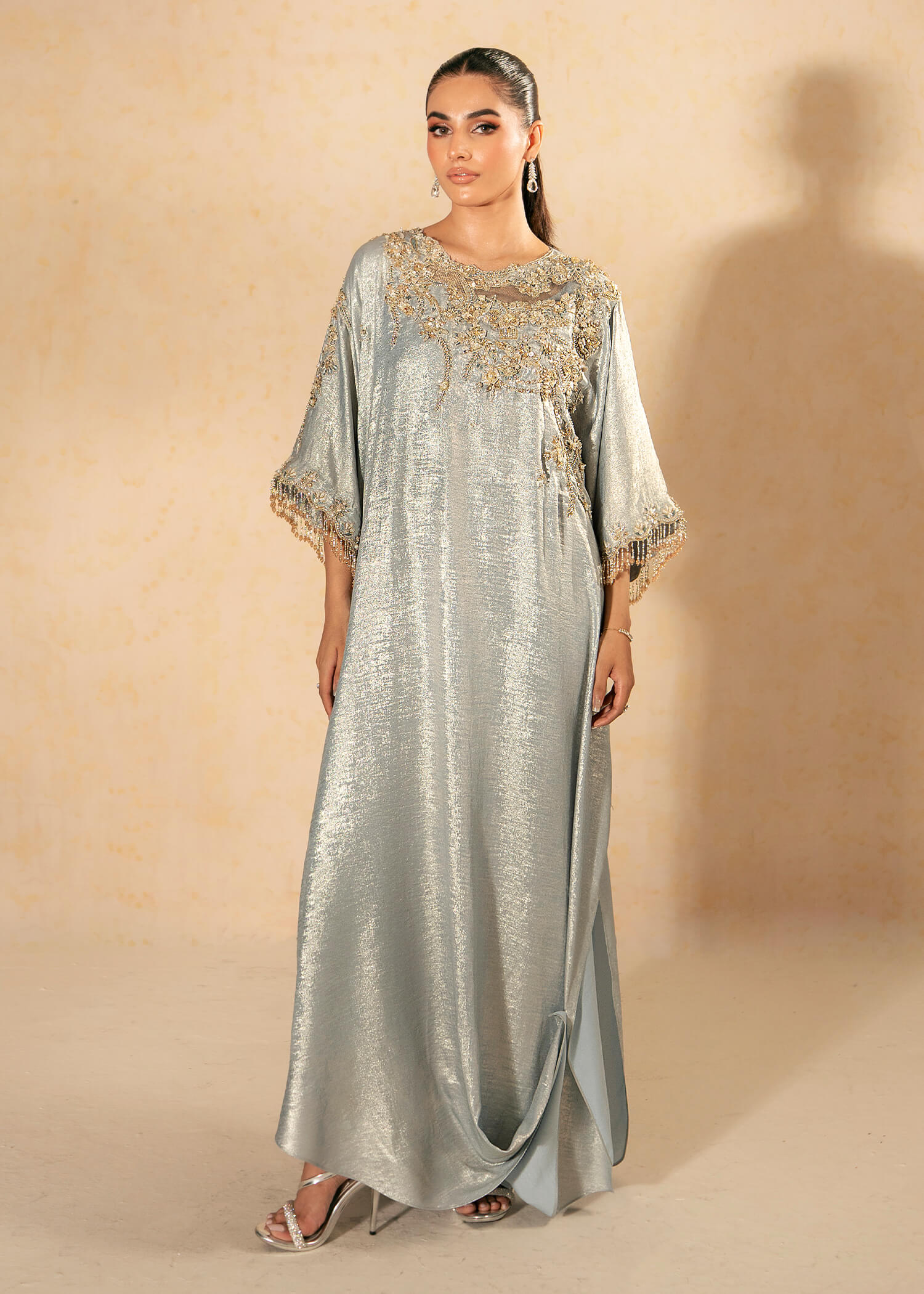 Aqua Embellished Shimmer Silk Kaftan (2-Piece) - Image 6