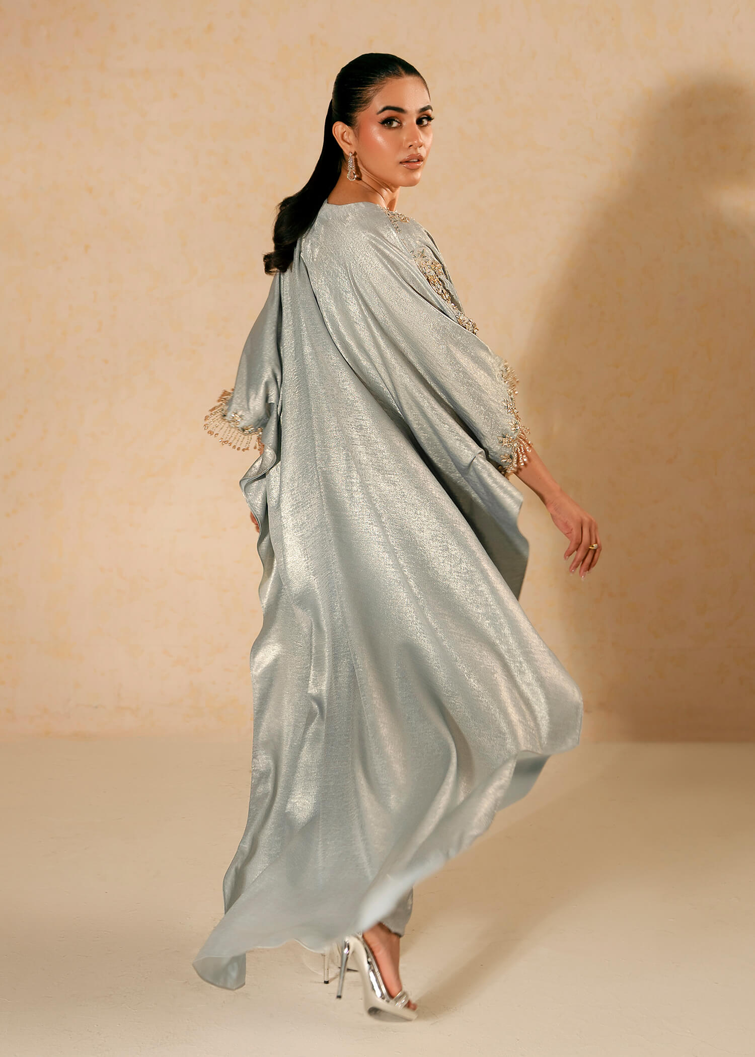 Aqua Embellished Shimmer Silk Kaftan (2-Piece) - Image 8