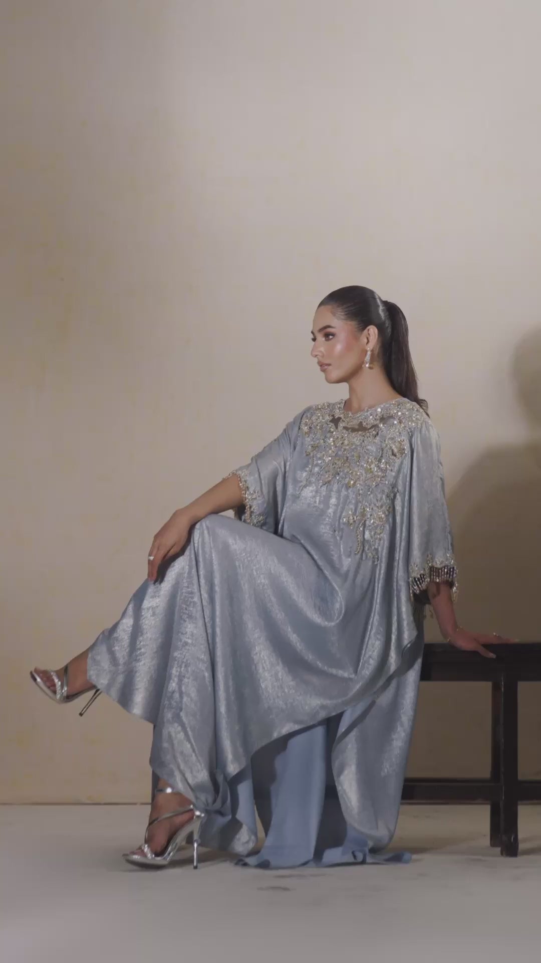 Aqua Embellished Shimmer Silk Kaftan (2-Piece) - Image 9