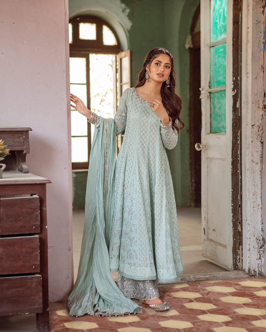 Pakistani Pale Aqua Chiffon Chikankari Kalidaar (3-Piece) - Image 1