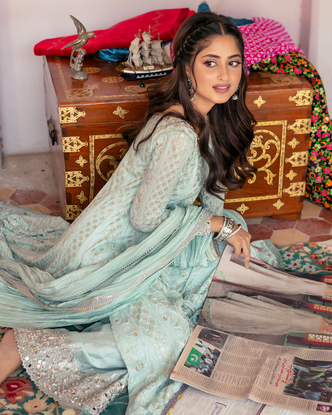 Pakistani Pale Aqua Chiffon Chikankari Kalidaar (3-Piece) - Image 2