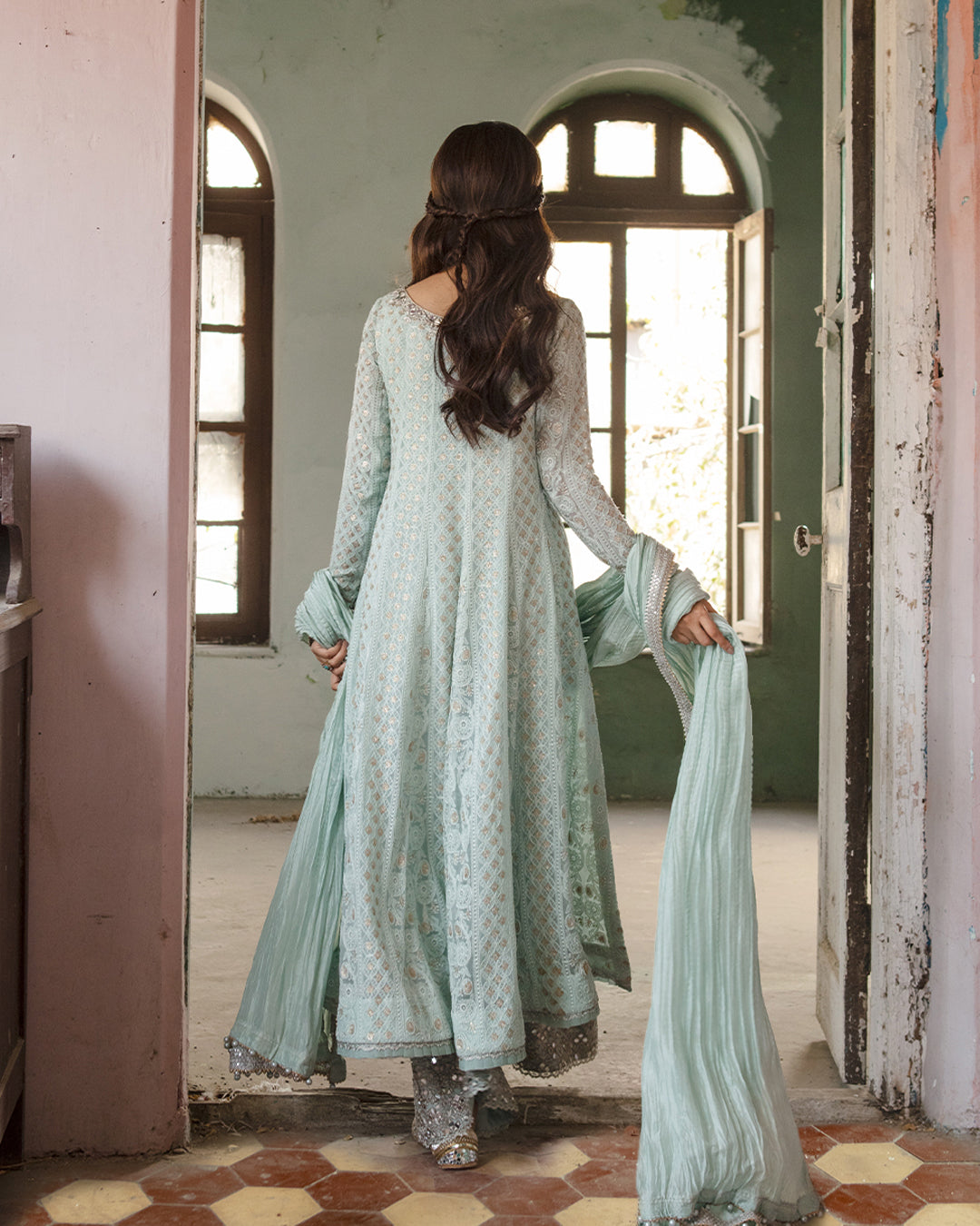 Pakistani Pale Aqua Chiffon Chikankari Kalidaar (3-Piece) - Image 4