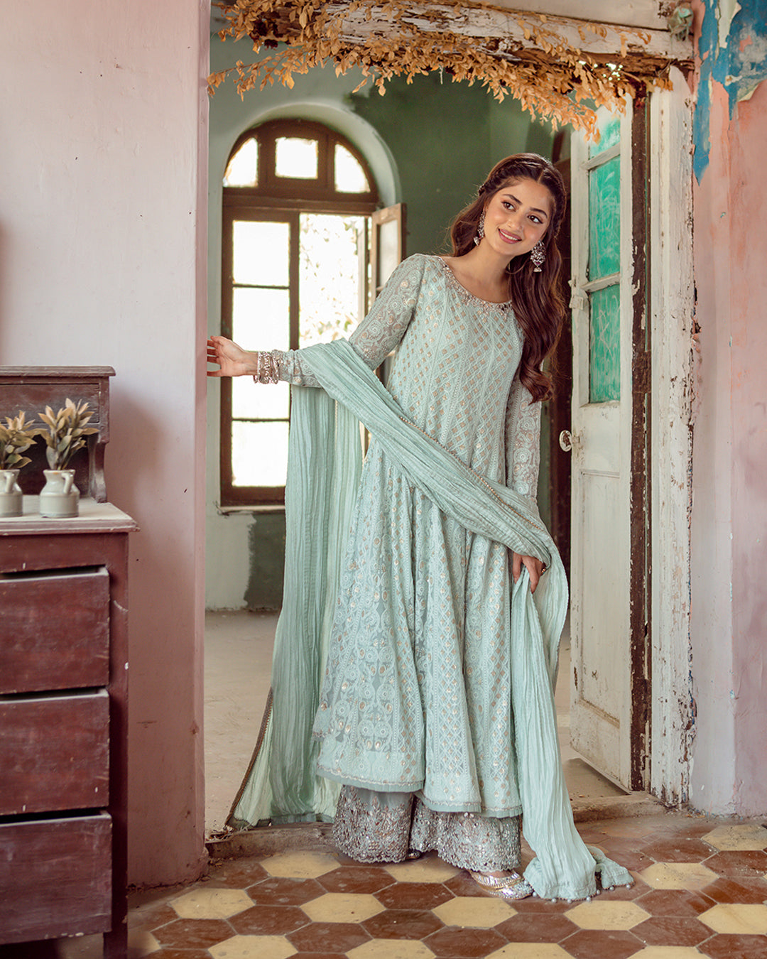 Pakistani Pale Aqua Chiffon Chikankari Kalidaar (3-Piece) - Image 5