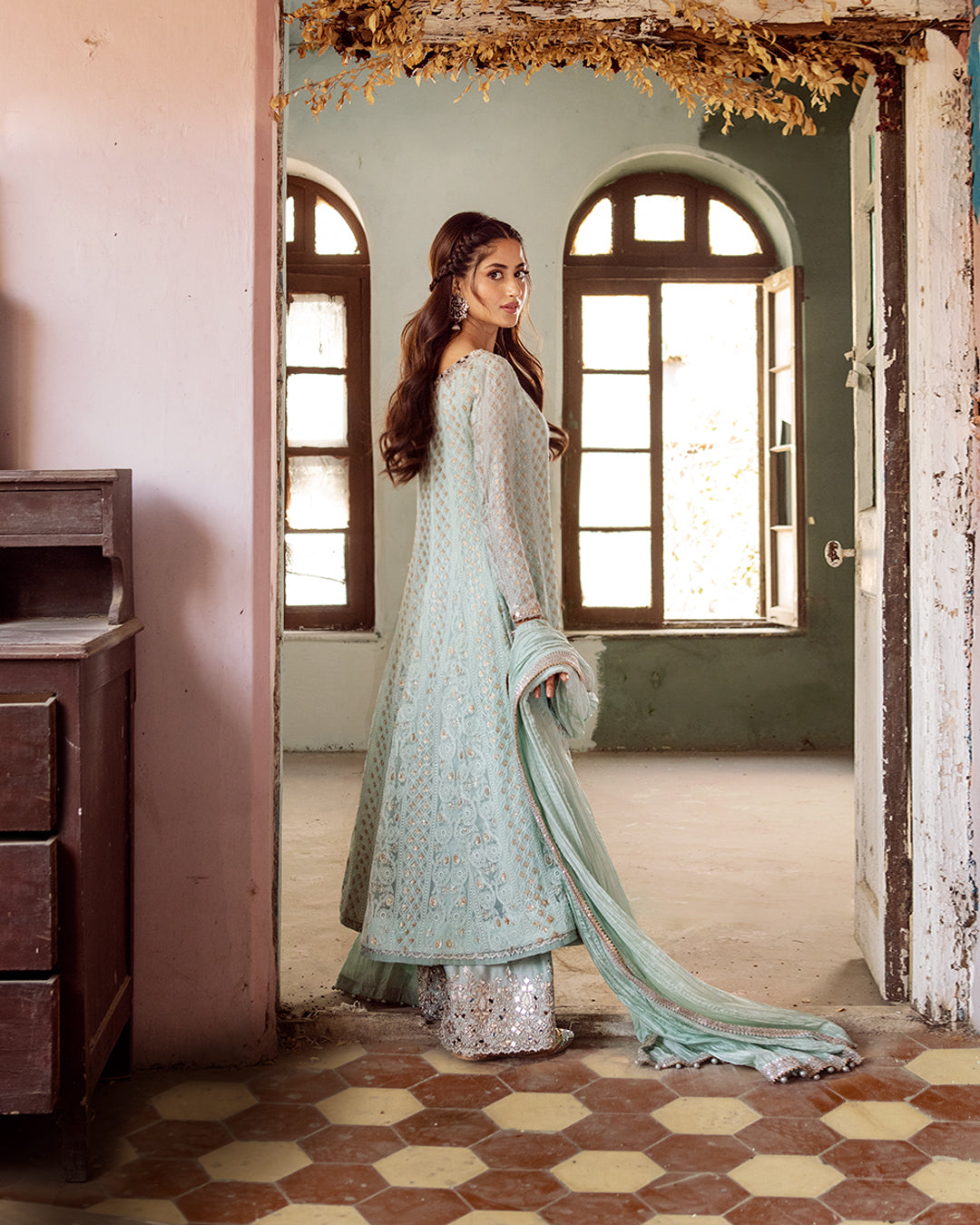 Pakistani Pale Aqua Chiffon Chikankari Kalidaar (3-Piece) - Image 8