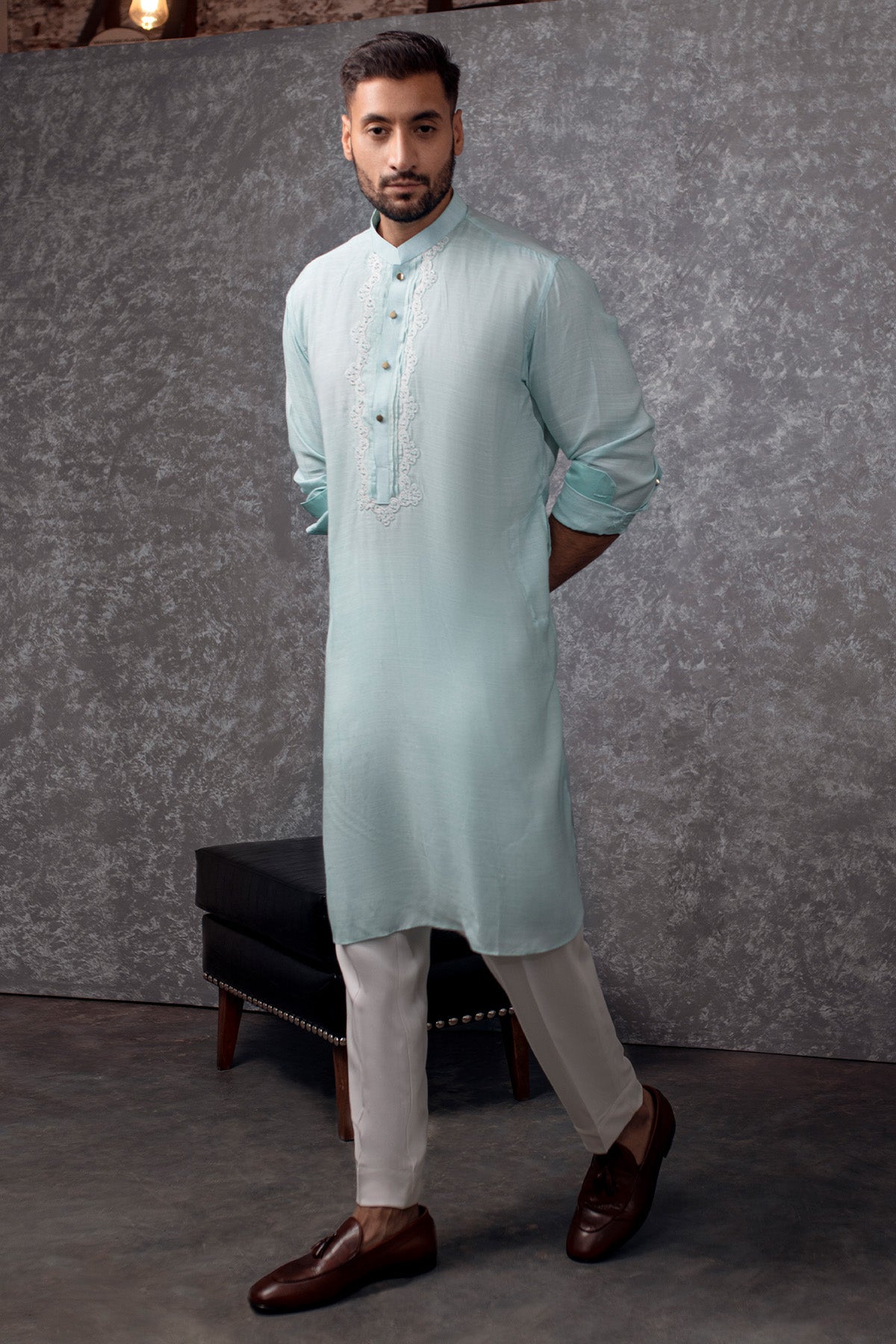 Pastel Aqua Embroidered Woven Kurta (2-Piece) - Image 1