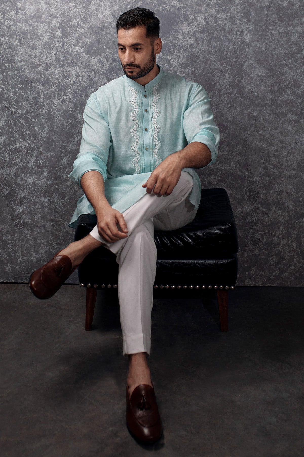 Pastel Aqua Embroidered Woven Kurta (2-Piece) - Image 2