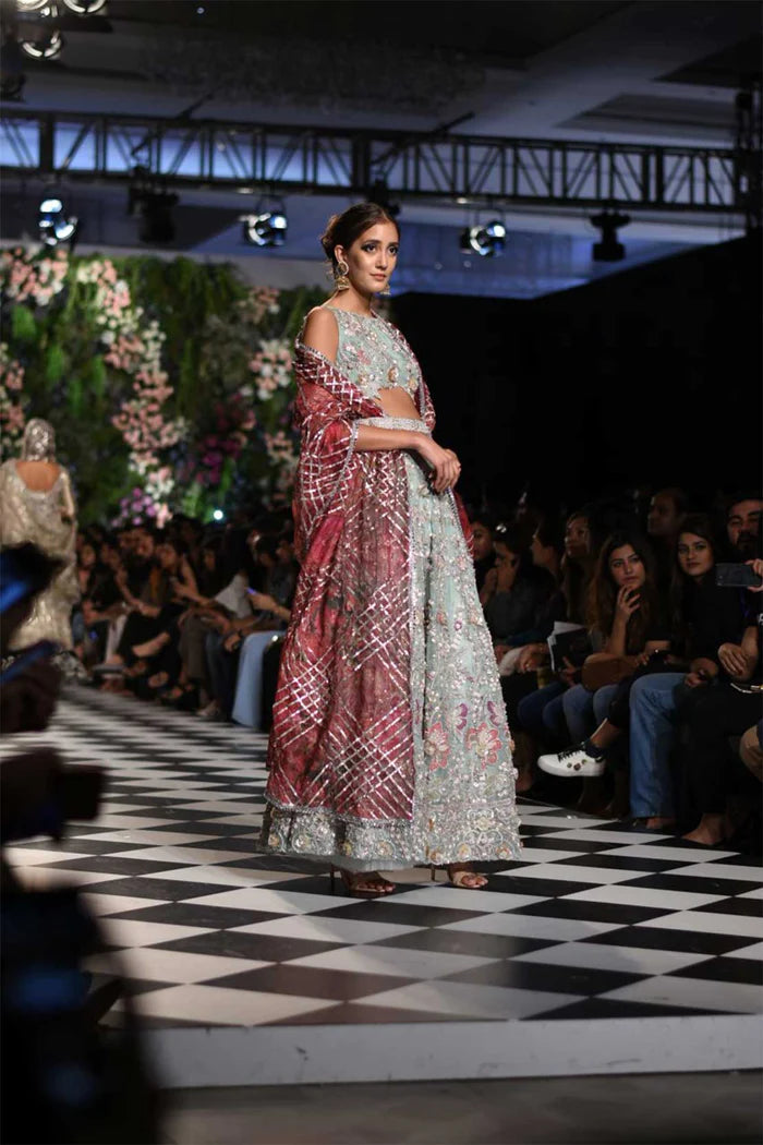 Pakistani Pale Aqua Embroidered Net Lehenga (3-Piece) - Image 1