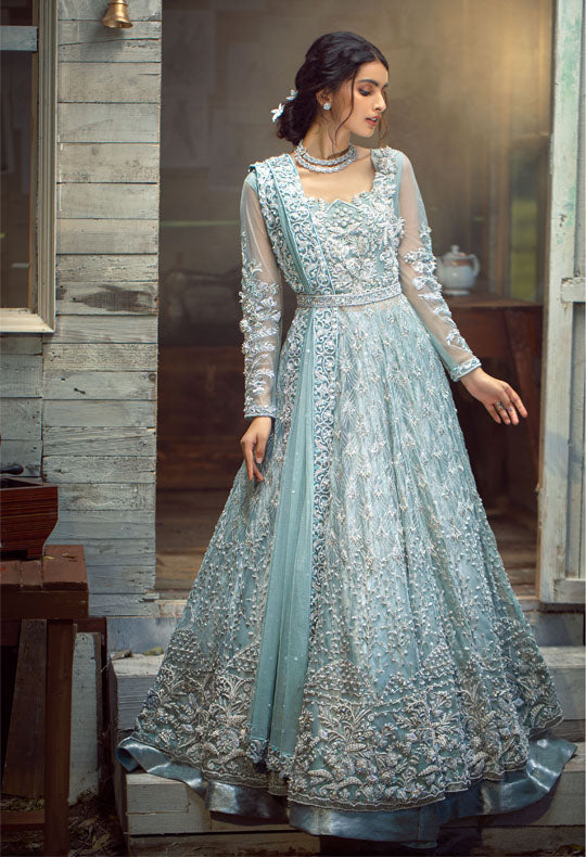 Pakistani Iced Aqua Embellished Net Gown with Jacquard Lehenga (3-Piece) - Image 1